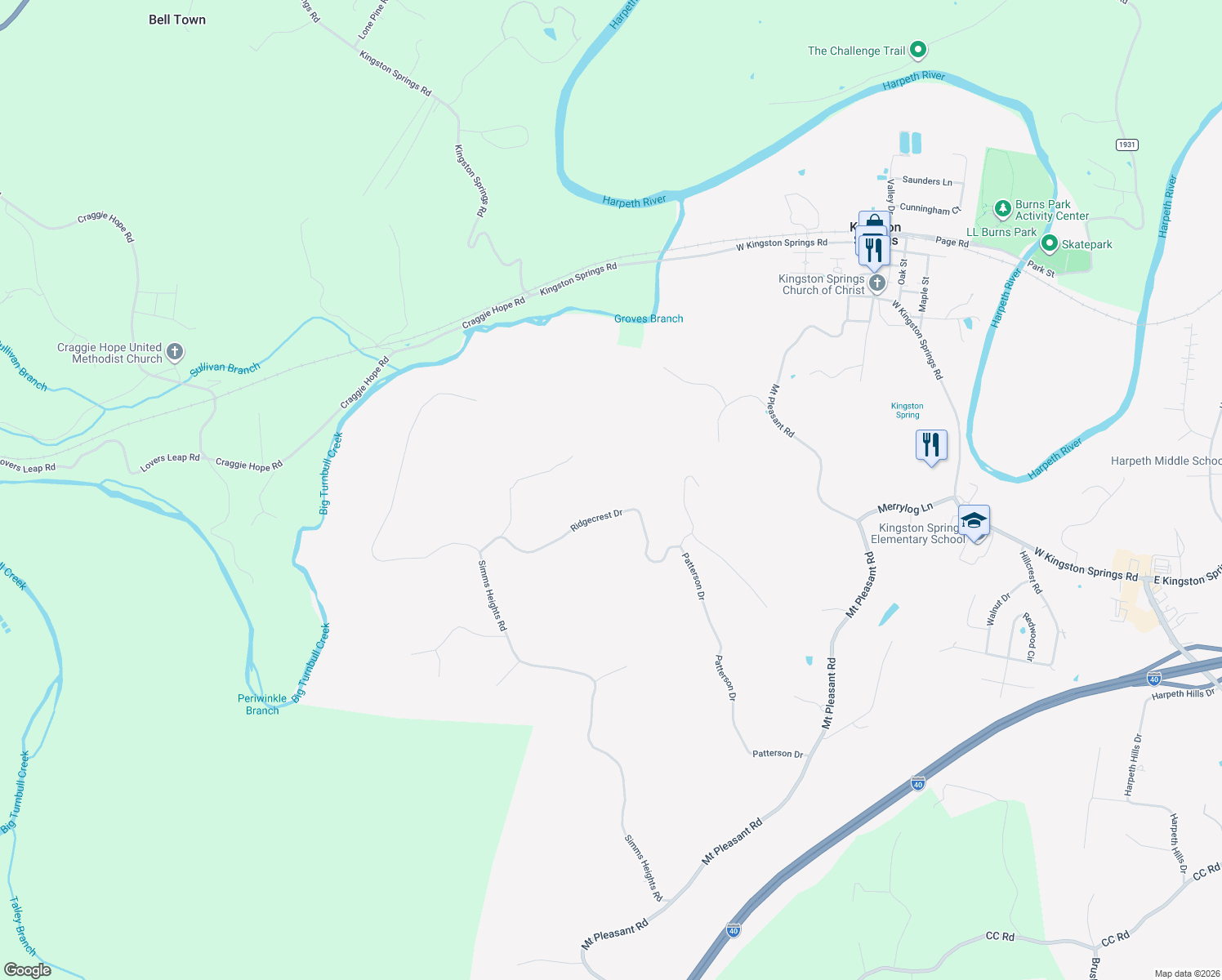 map of restaurants, bars, coffee shops, grocery stores, and more near 1008 Ridgecrest Drive in Kingston Springs