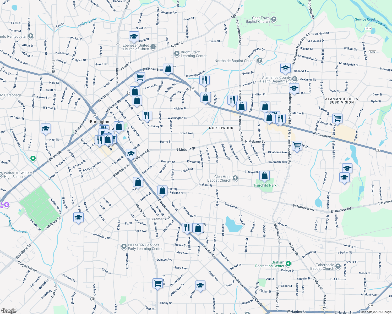 map of restaurants, bars, coffee shops, grocery stores, and more near 1017 Alden St in Burlington
