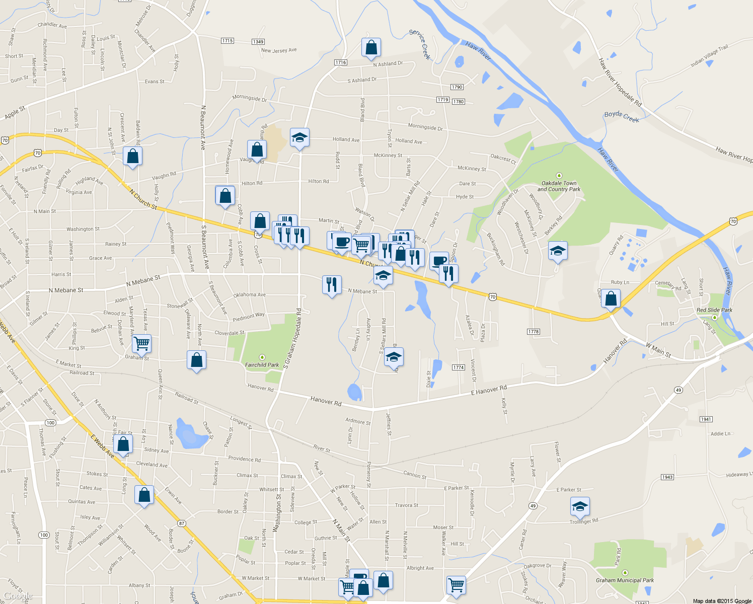 map of restaurants, bars, coffee shops, grocery stores, and more near 604 S Sellars Mill Rd in Burlington