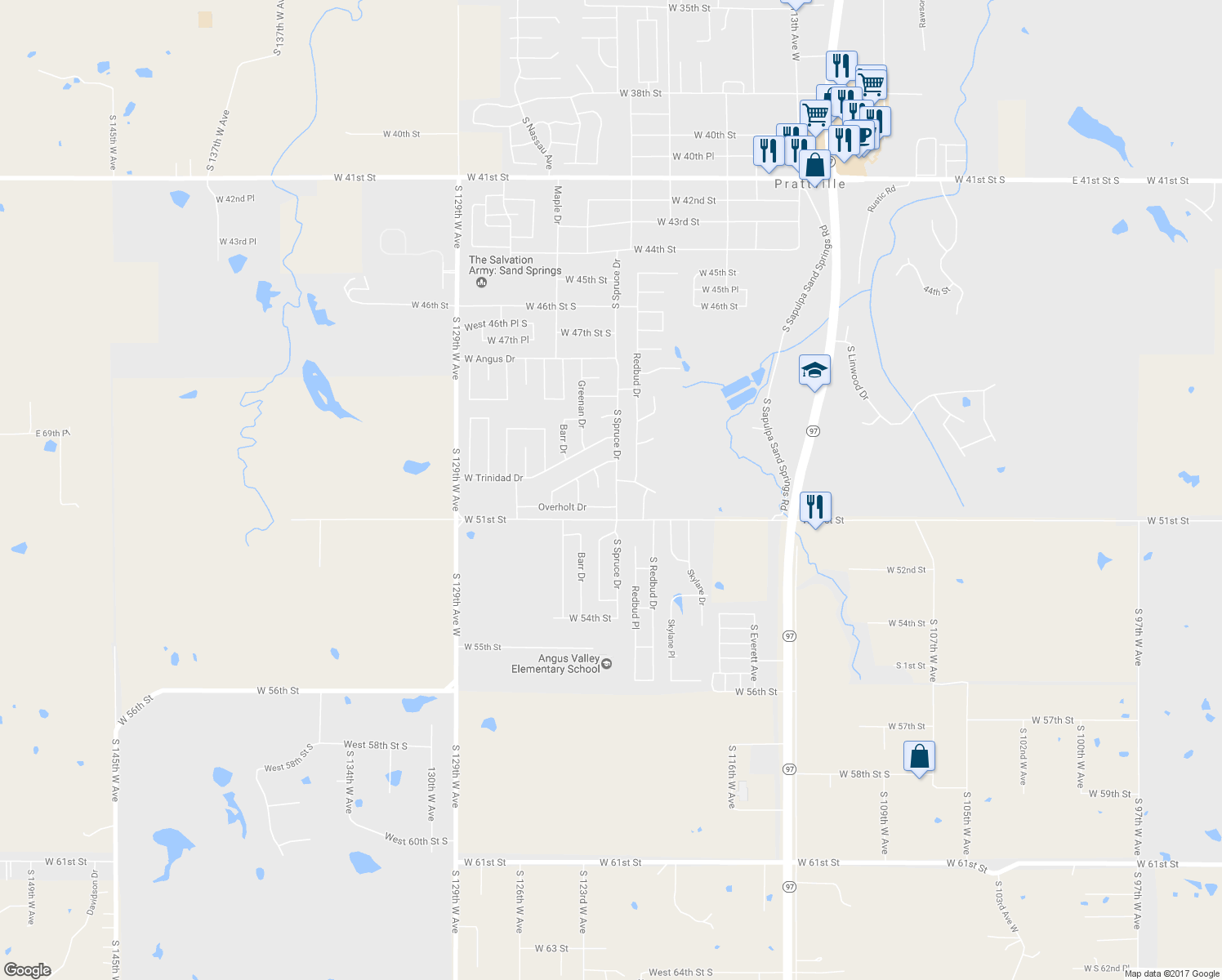 map of restaurants, bars, coffee shops, grocery stores, and more near 5002 South Spruce Drive in Sand Springs