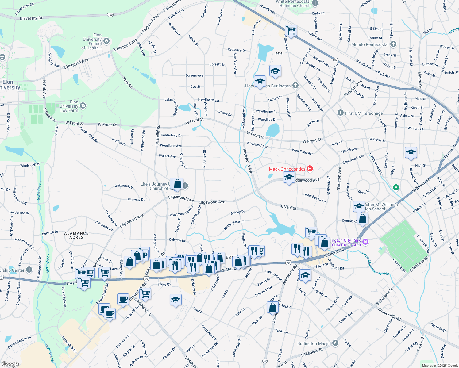 map of restaurants, bars, coffee shops, grocery stores, and more near 714 Engleman Ave in Burlington