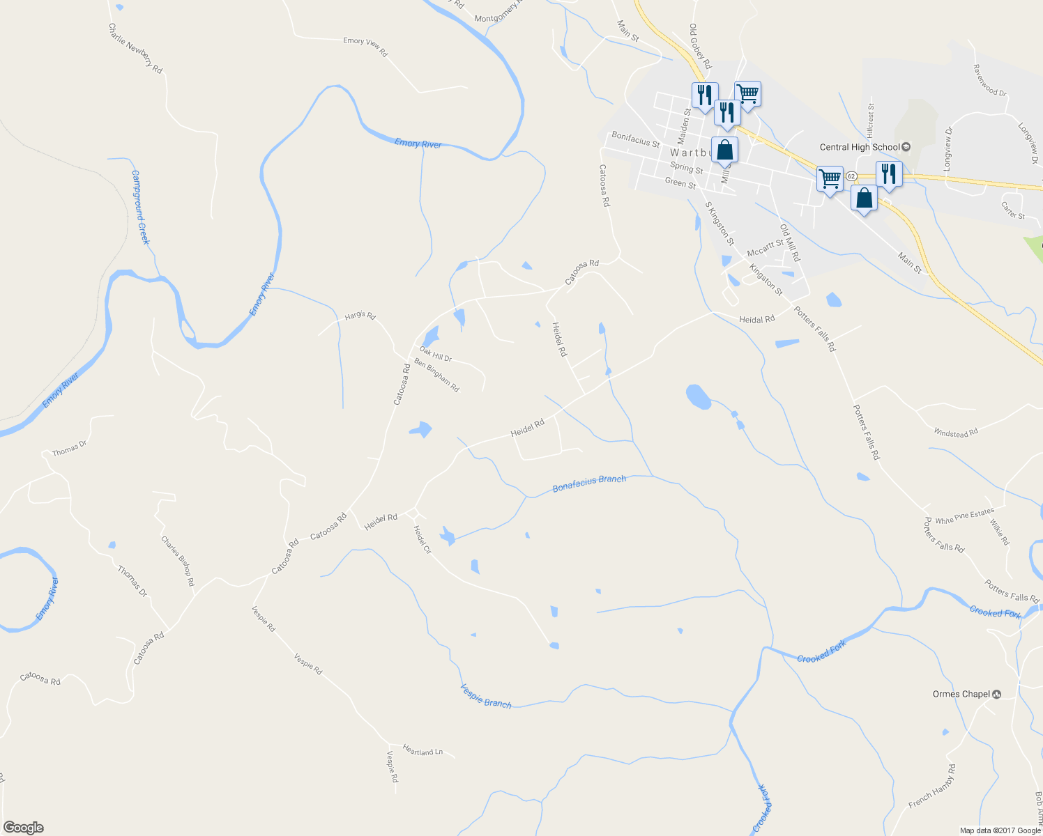 map of restaurants, bars, coffee shops, grocery stores, and more near 422 Heidel Road in Wartburg