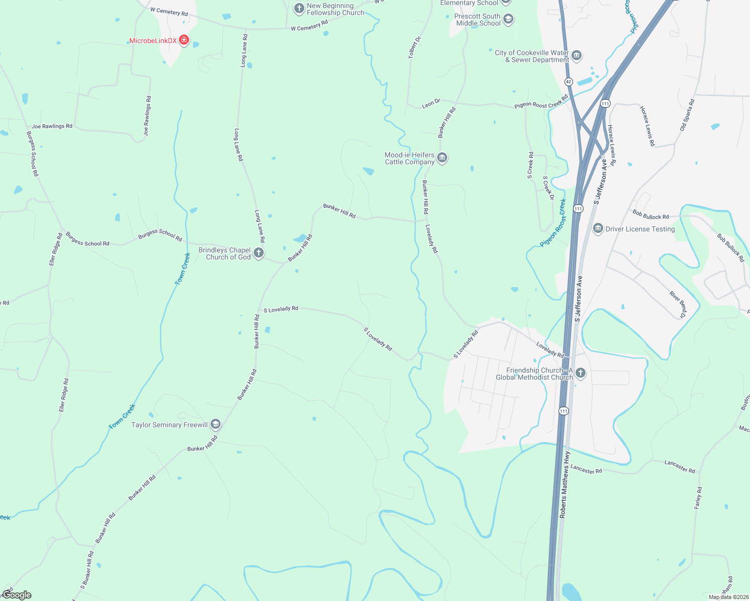 map of restaurants, bars, coffee shops, grocery stores, and more near 5585 Keller Road in Cookeville