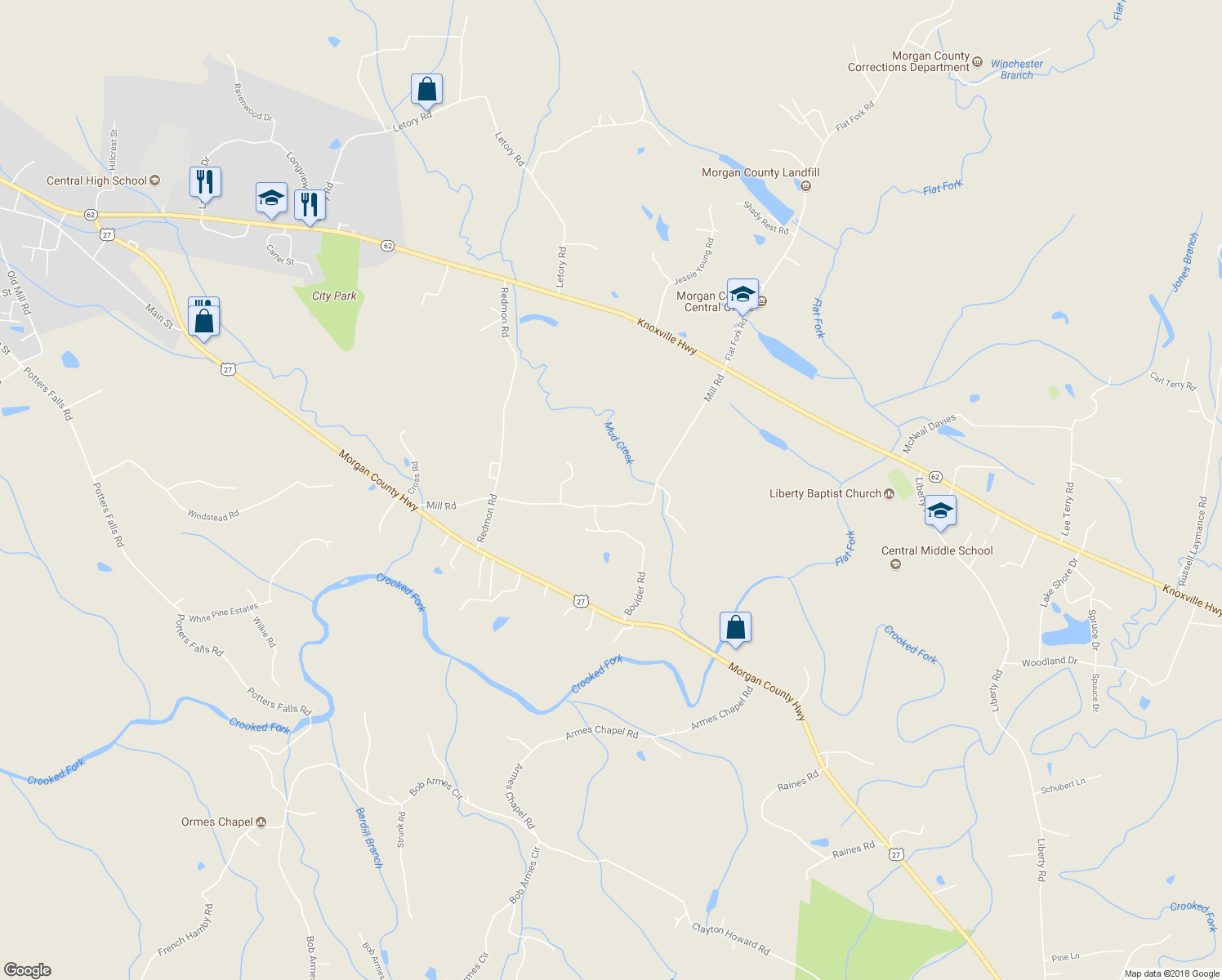 map of restaurants, bars, coffee shops, grocery stores, and more near 110 Powell Lane in Wartburg