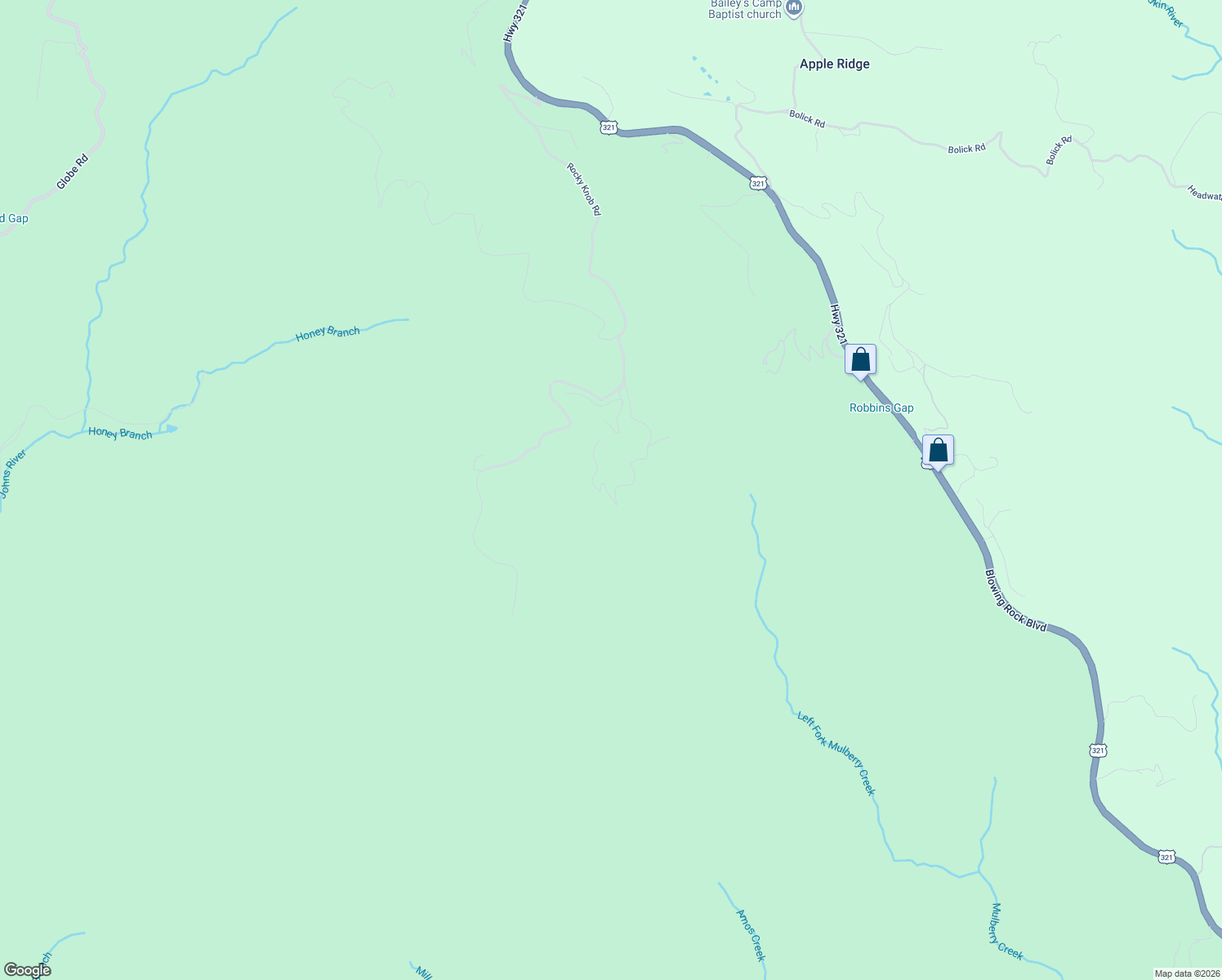 map of restaurants, bars, coffee shops, grocery stores, and more near Rocky Knob Road in Lenoir