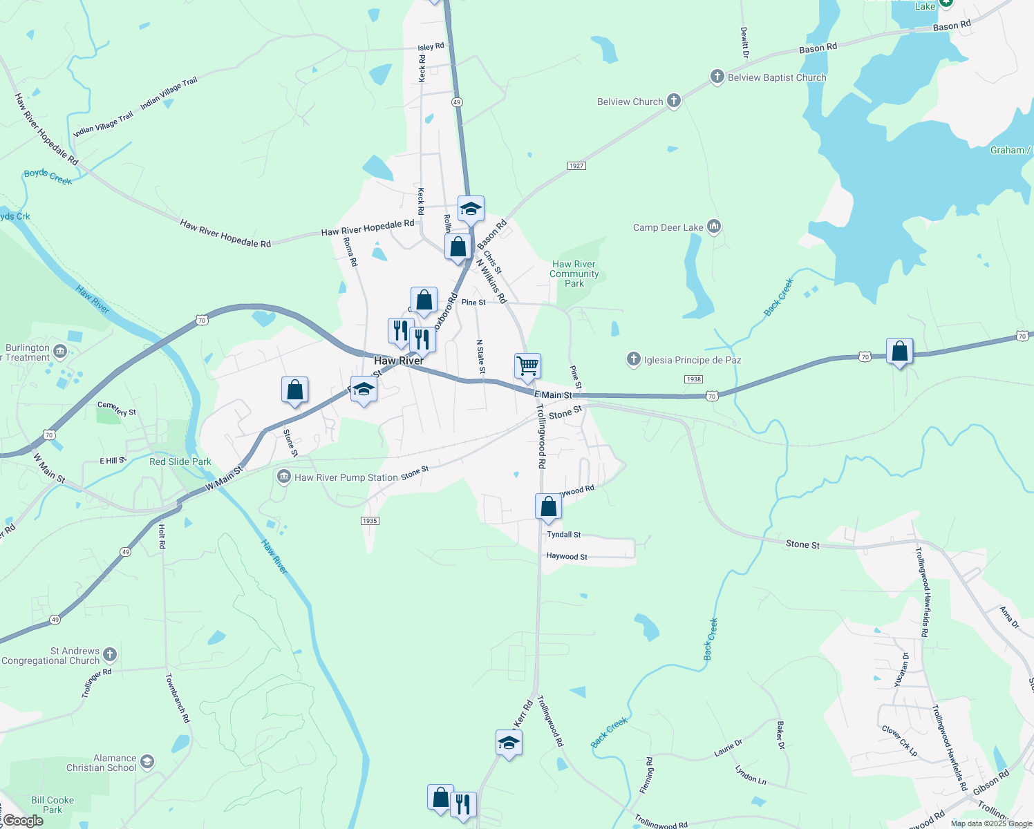 map of restaurants, bars, coffee shops, grocery stores, and more near 121 S Spray Pl in Haw River