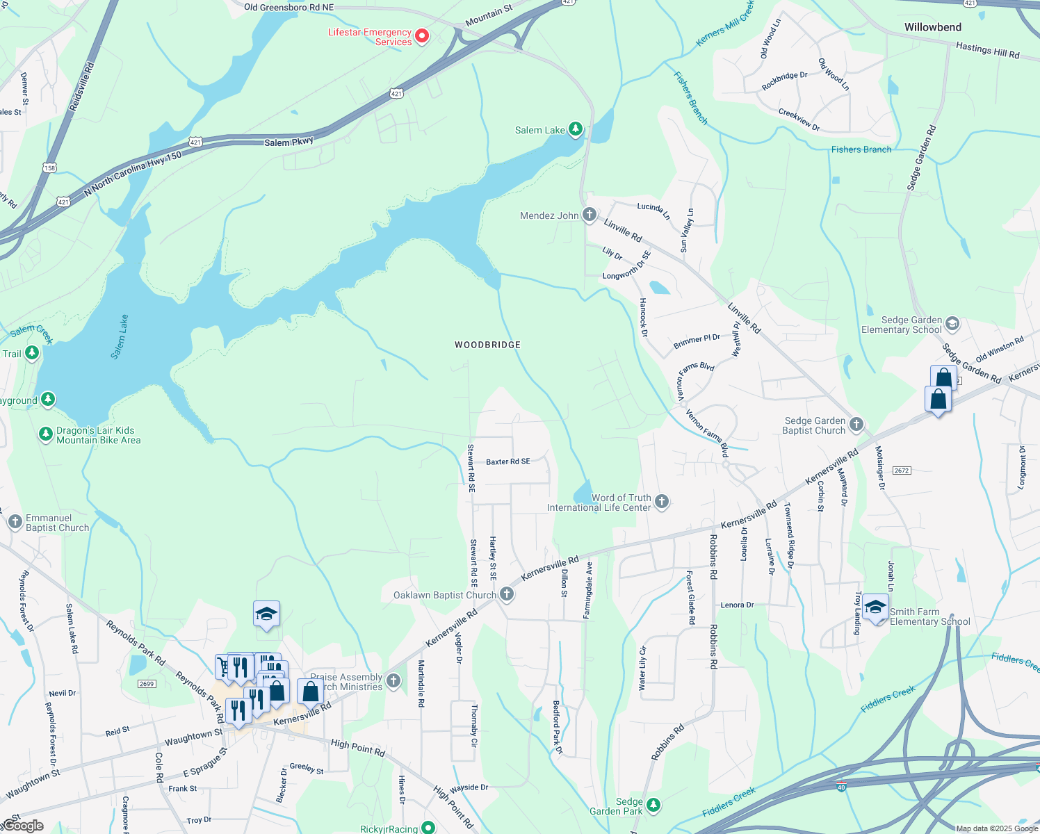 map of restaurants, bars, coffee shops, grocery stores, and more near 275 Casedy Drive Southeast in Winston-Salem