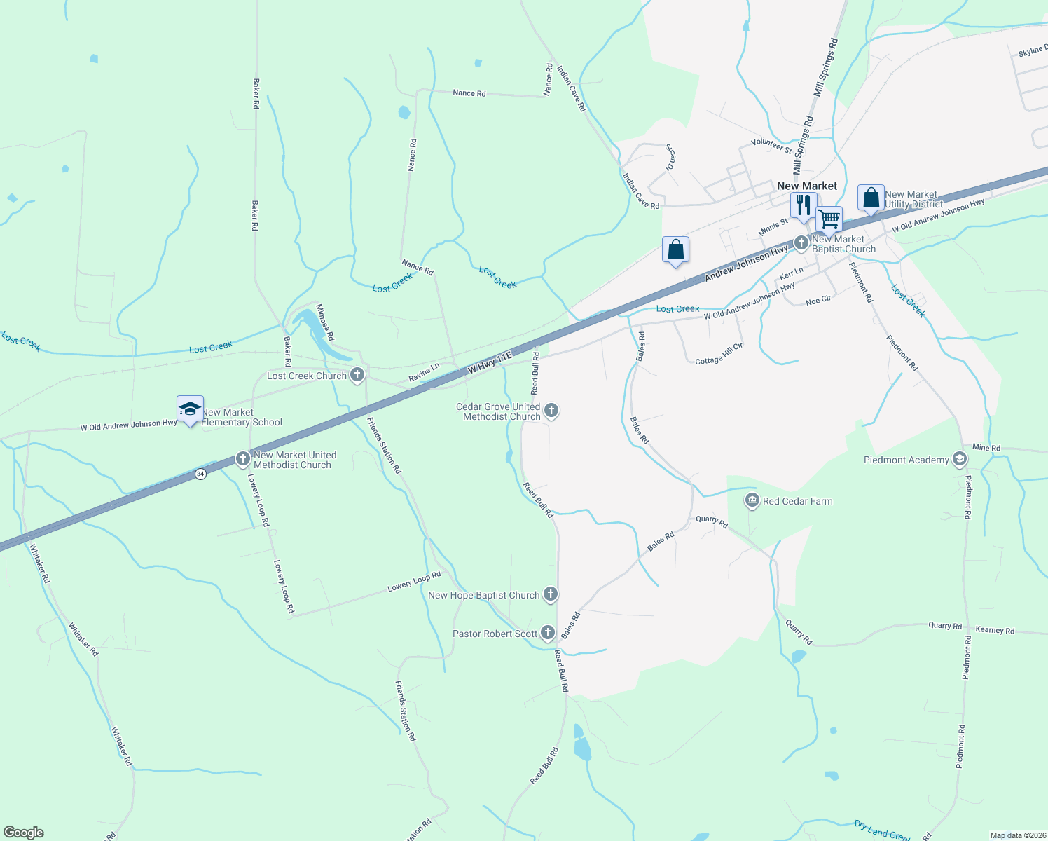 map of restaurants, bars, coffee shops, grocery stores, and more near 959 Reed Bull Rd in New Market