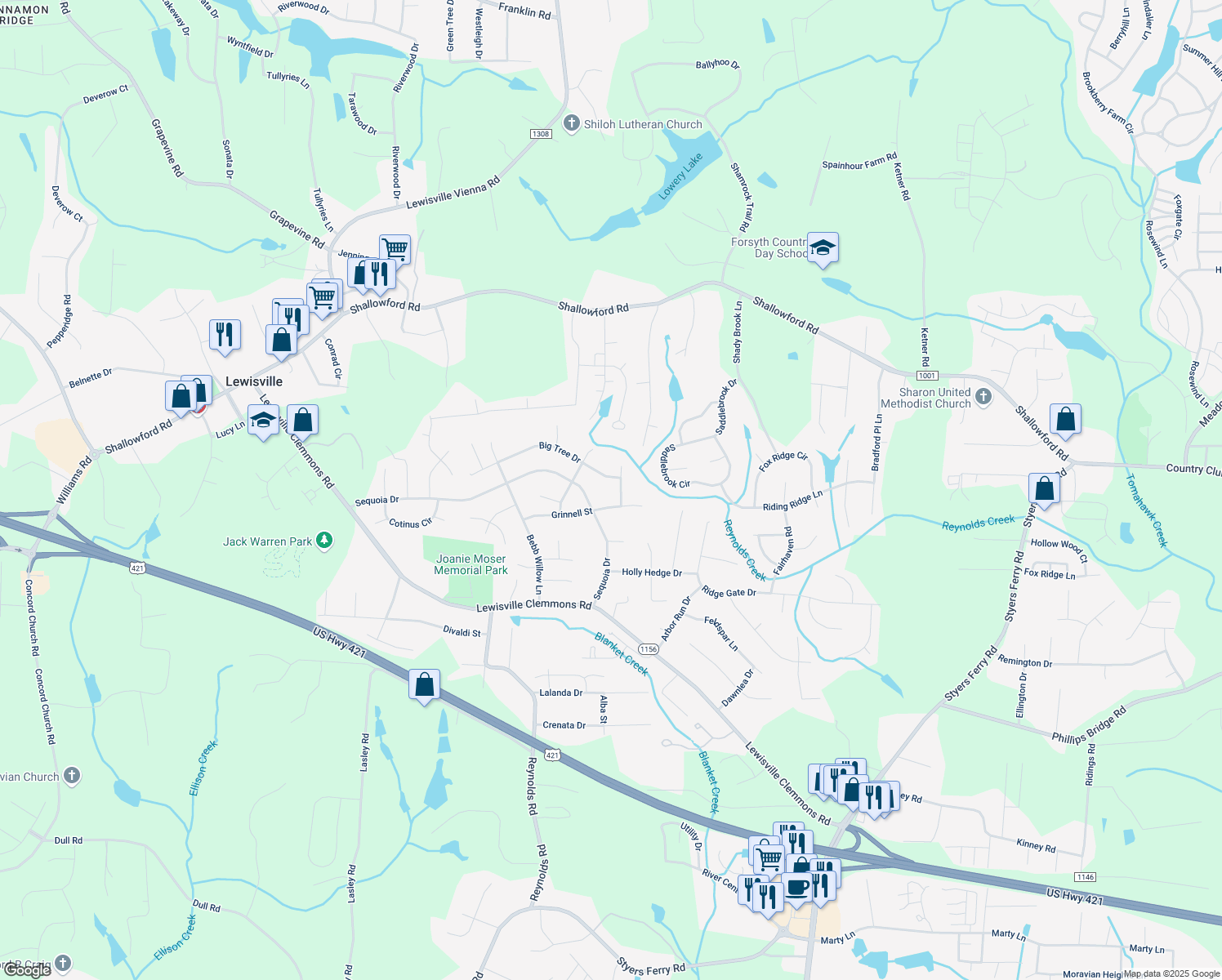 map of restaurants, bars, coffee shops, grocery stores, and more near 1104 Grinnell Court in Lewisville