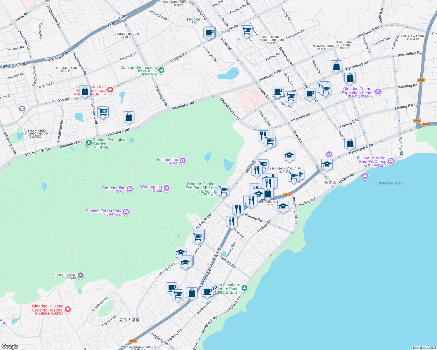 map of restaurants, bars, coffee shops, grocery stores, and more near in Qingdao