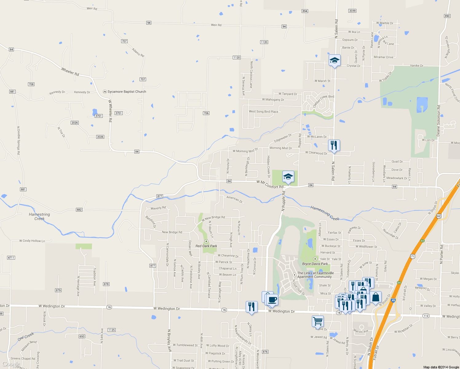 map of restaurants, bars, coffee shops, grocery stores, and more near 4363 West Mount Comfort Road in Fayetteville