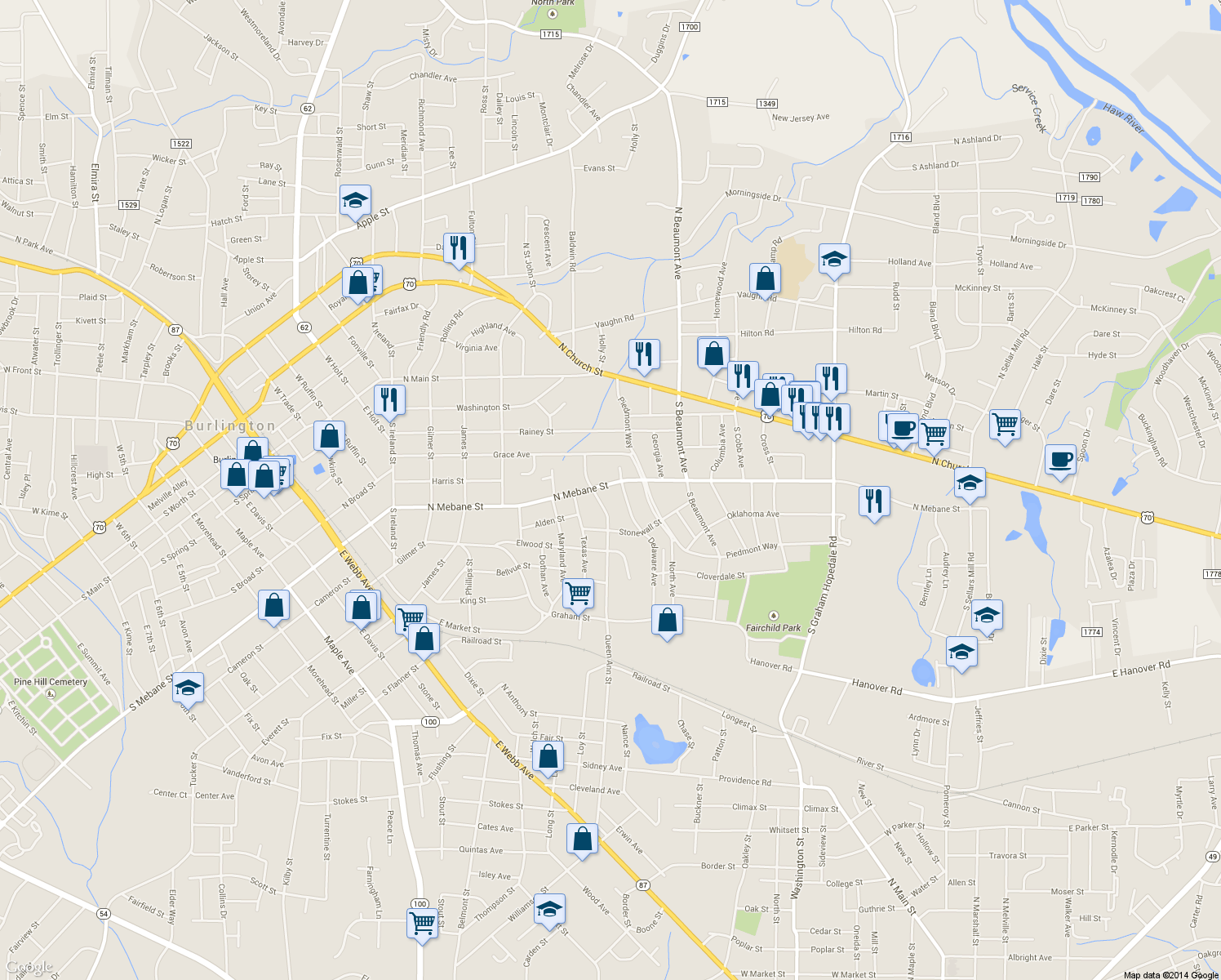 map of restaurants, bars, coffee shops, grocery stores, and more near 1211 North Mebane Street in Burlington