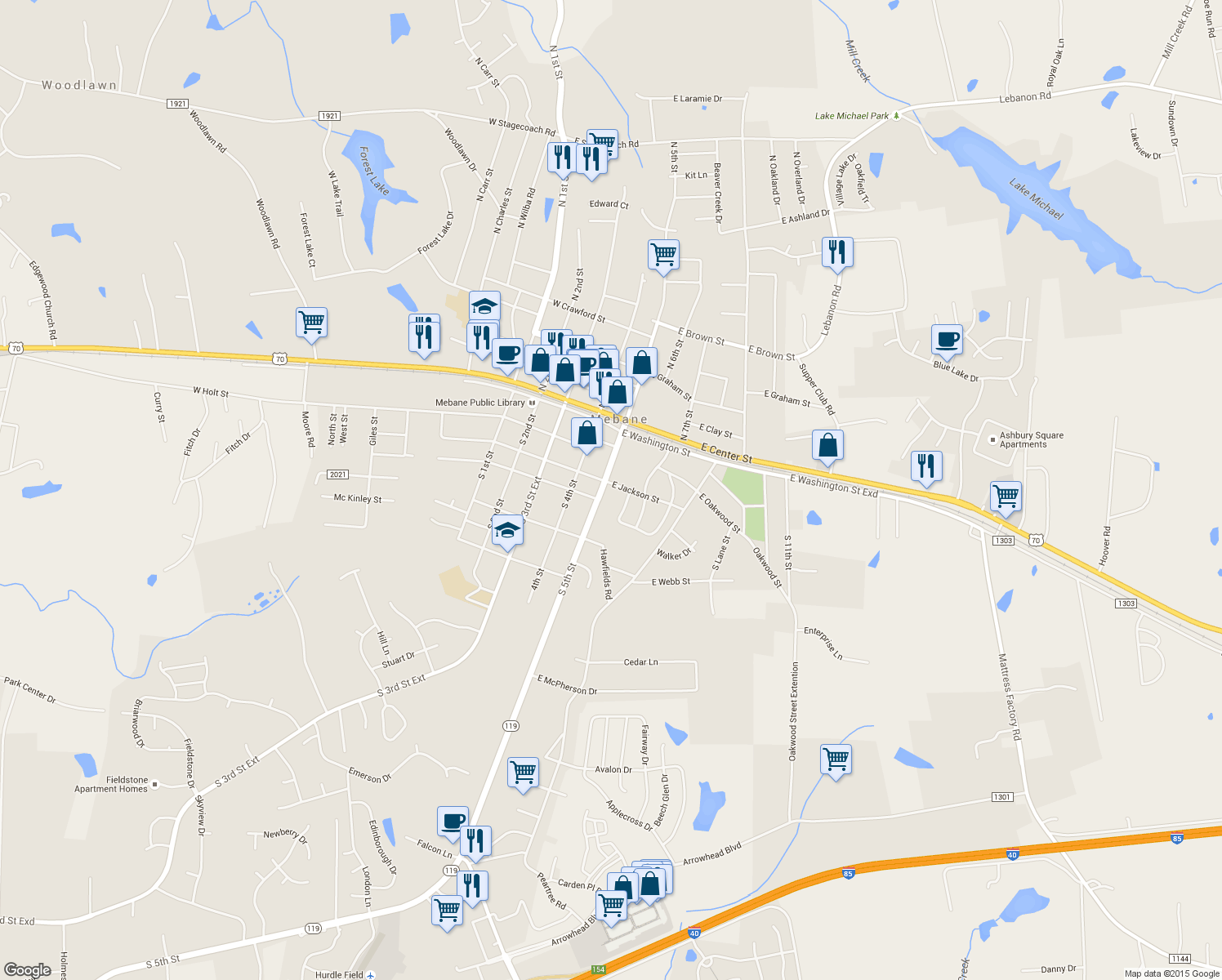 map of restaurants, bars, coffee shops, grocery stores, and more near 301 S 5th St in Mebane