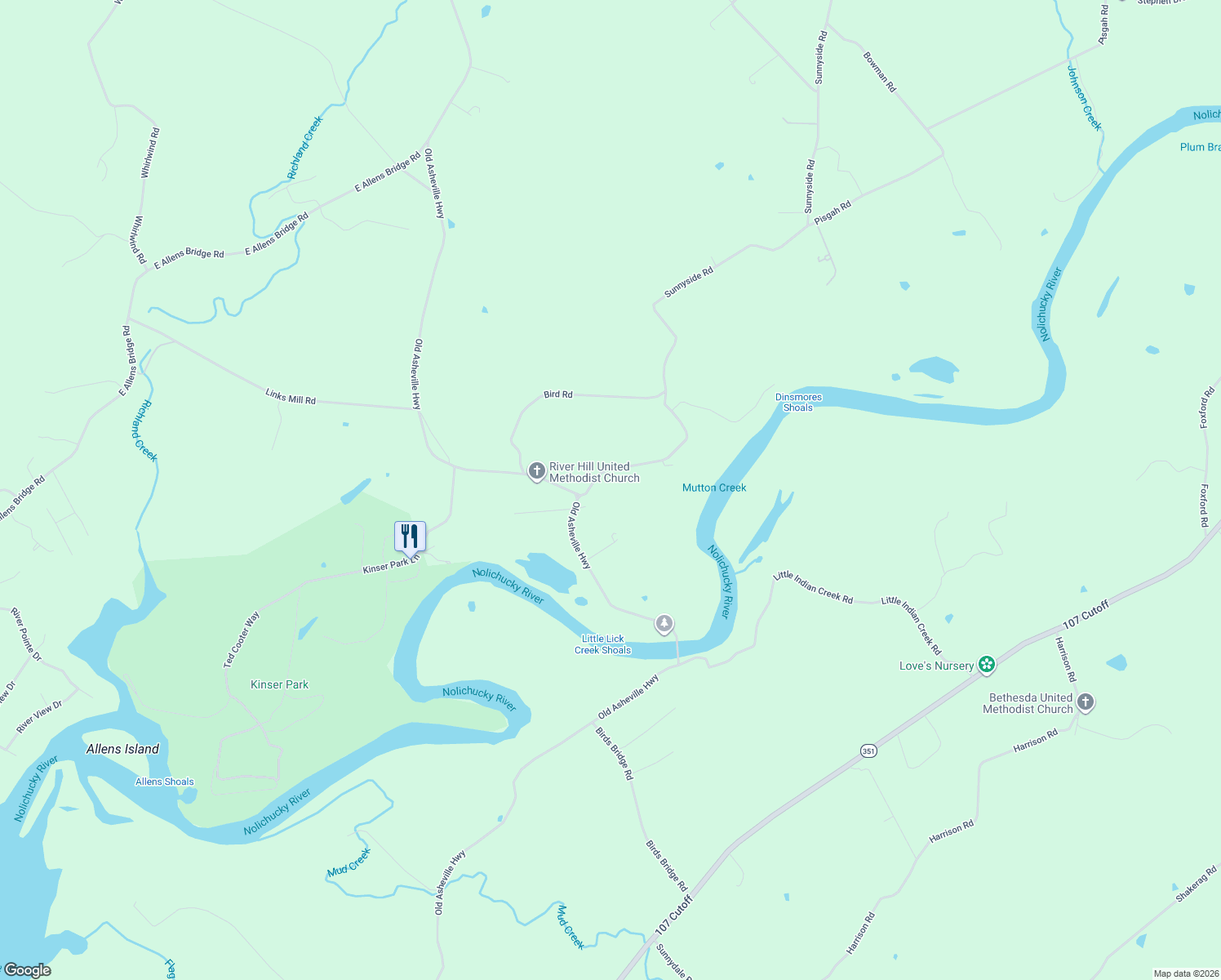map of restaurants, bars, coffee shops, grocery stores, and more near 2870 Sunnyside Road in Greeneville