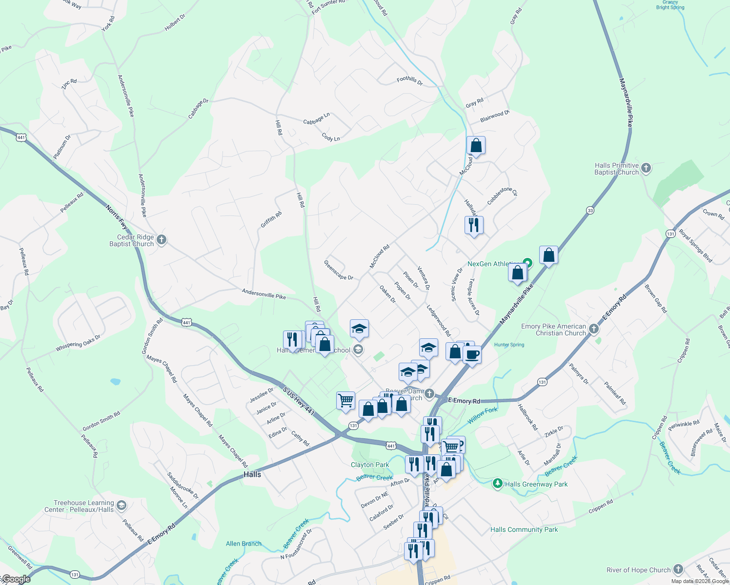 map of restaurants, bars, coffee shops, grocery stores, and more near 4309 Redwen Road in Knoxville