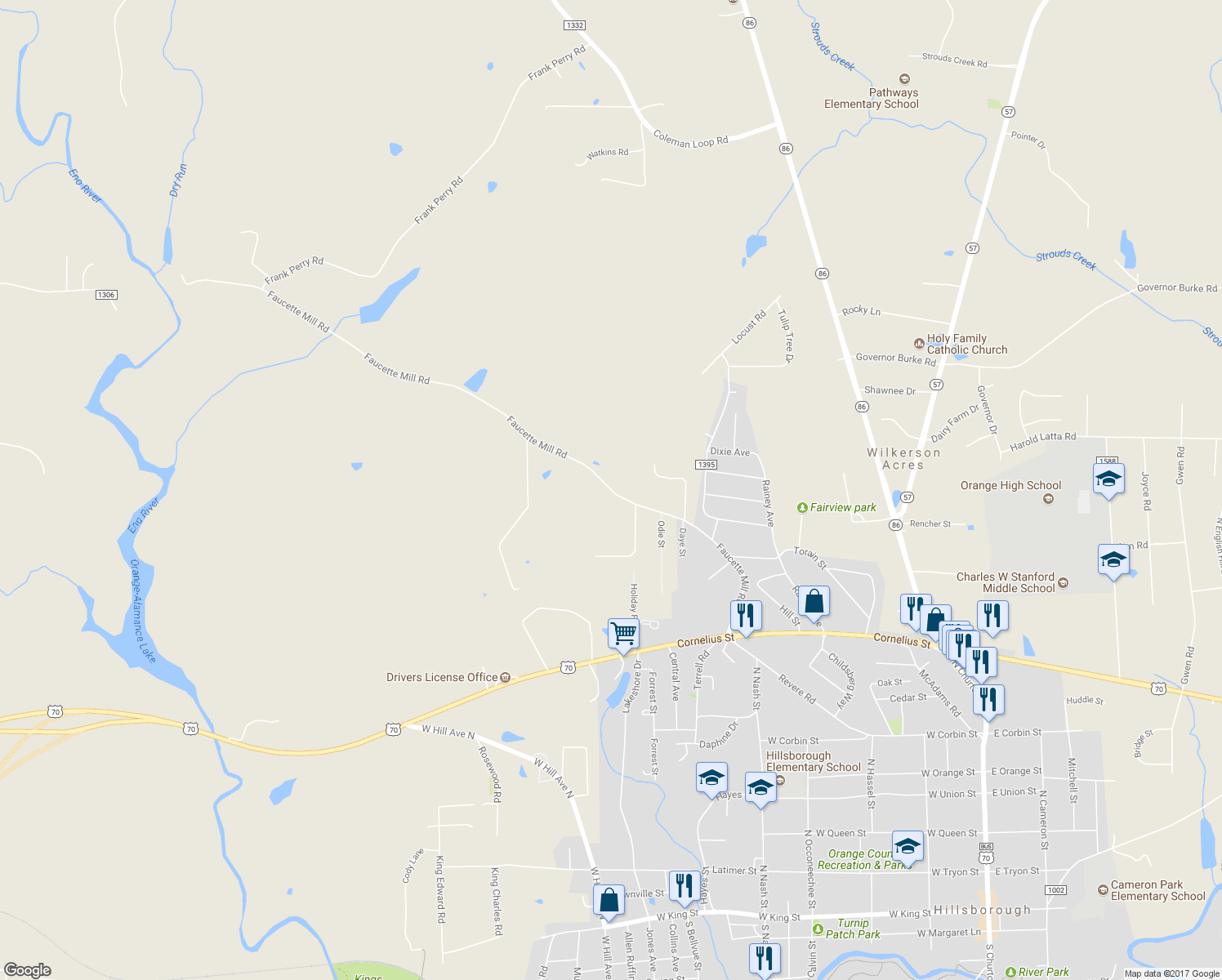 map of restaurants, bars, coffee shops, grocery stores, and more near 700 Faucette Mill Road in Hillsborough