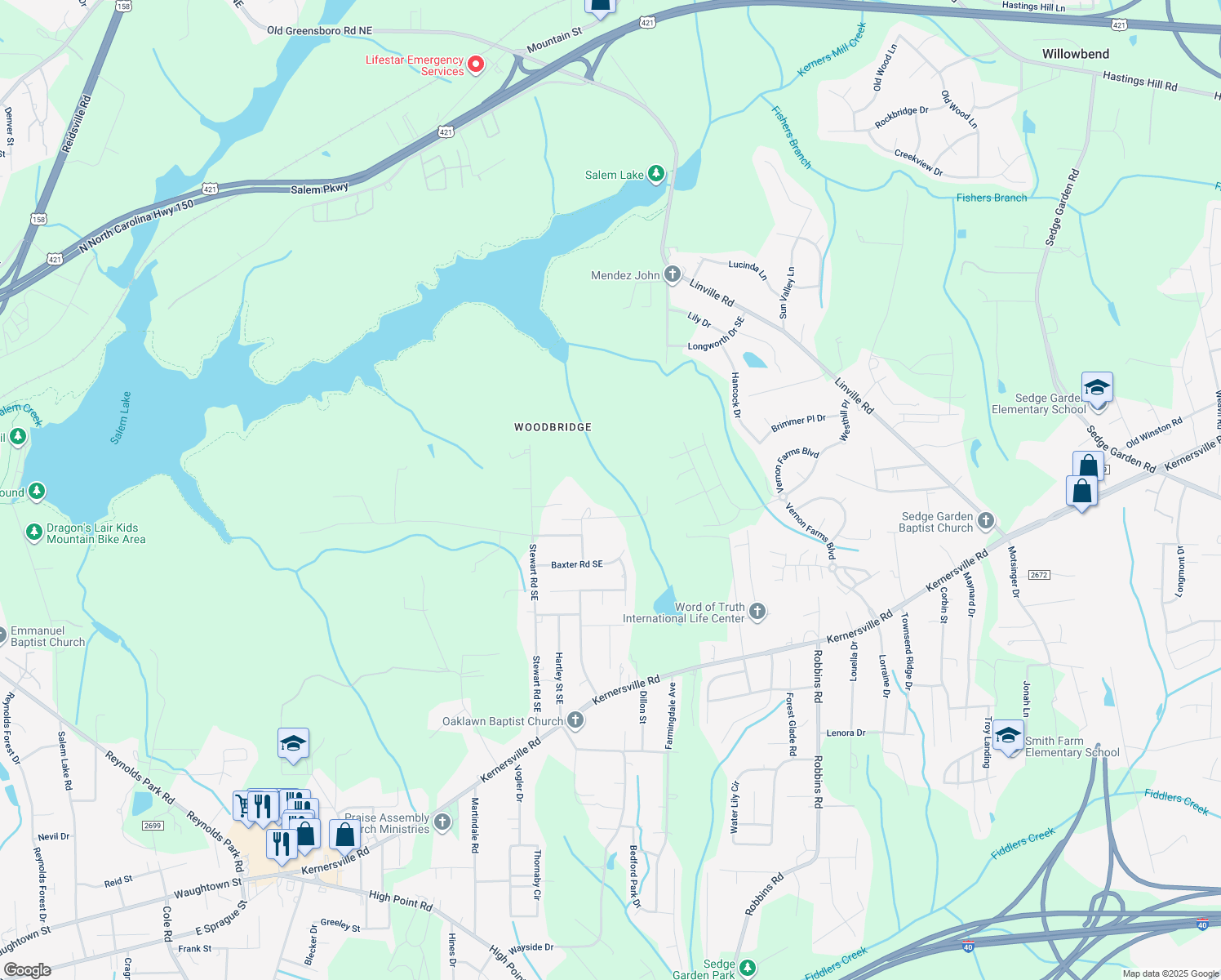 map of restaurants, bars, coffee shops, grocery stores, and more near 275 Casedy Drive Southeast in Winston-Salem