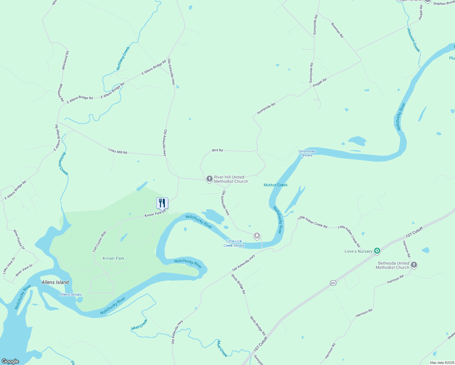map of restaurants, bars, coffee shops, grocery stores, and more near 2870 Sunnyside Road in Greeneville