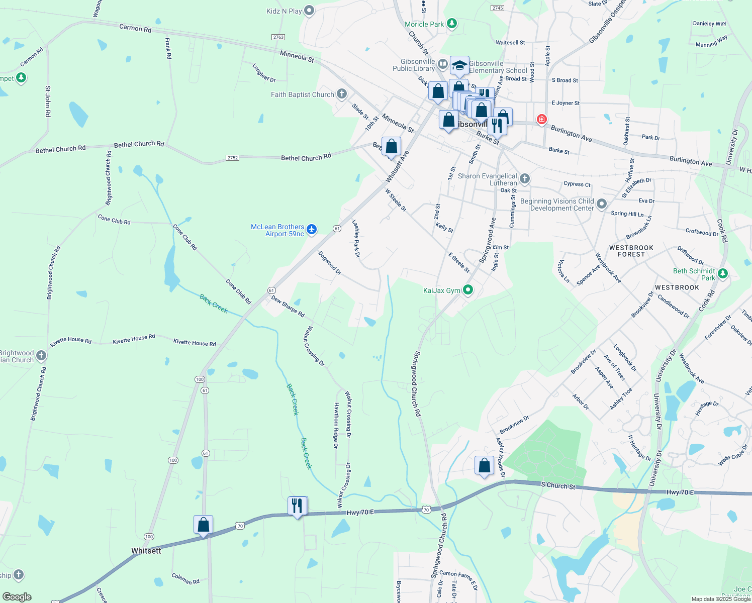 map of restaurants, bars, coffee shops, grocery stores, and more near 10 Hursey Court in Gibsonville
