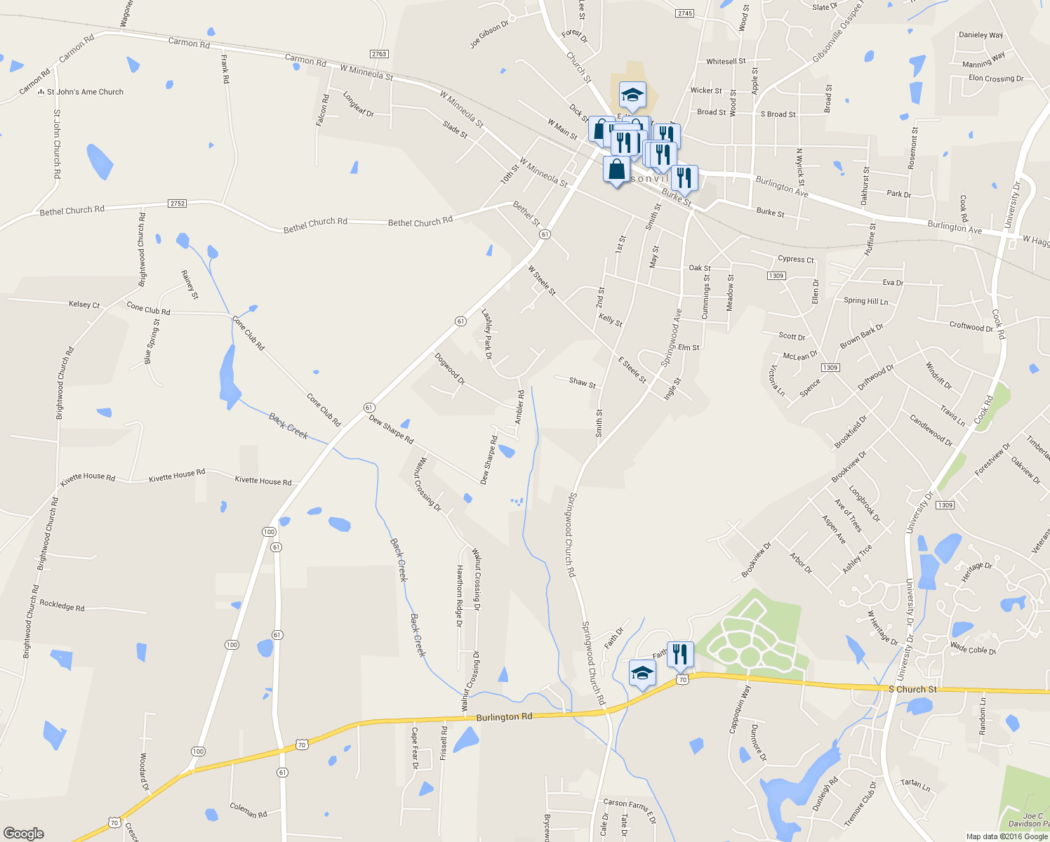 map of restaurants, bars, coffee shops, grocery stores, and more near 404 Ambler Road in Gibsonville