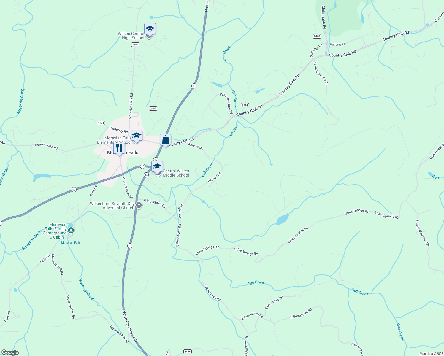 map of restaurants, bars, coffee shops, grocery stores, and more near 528 Pennell Road in Moravian Falls