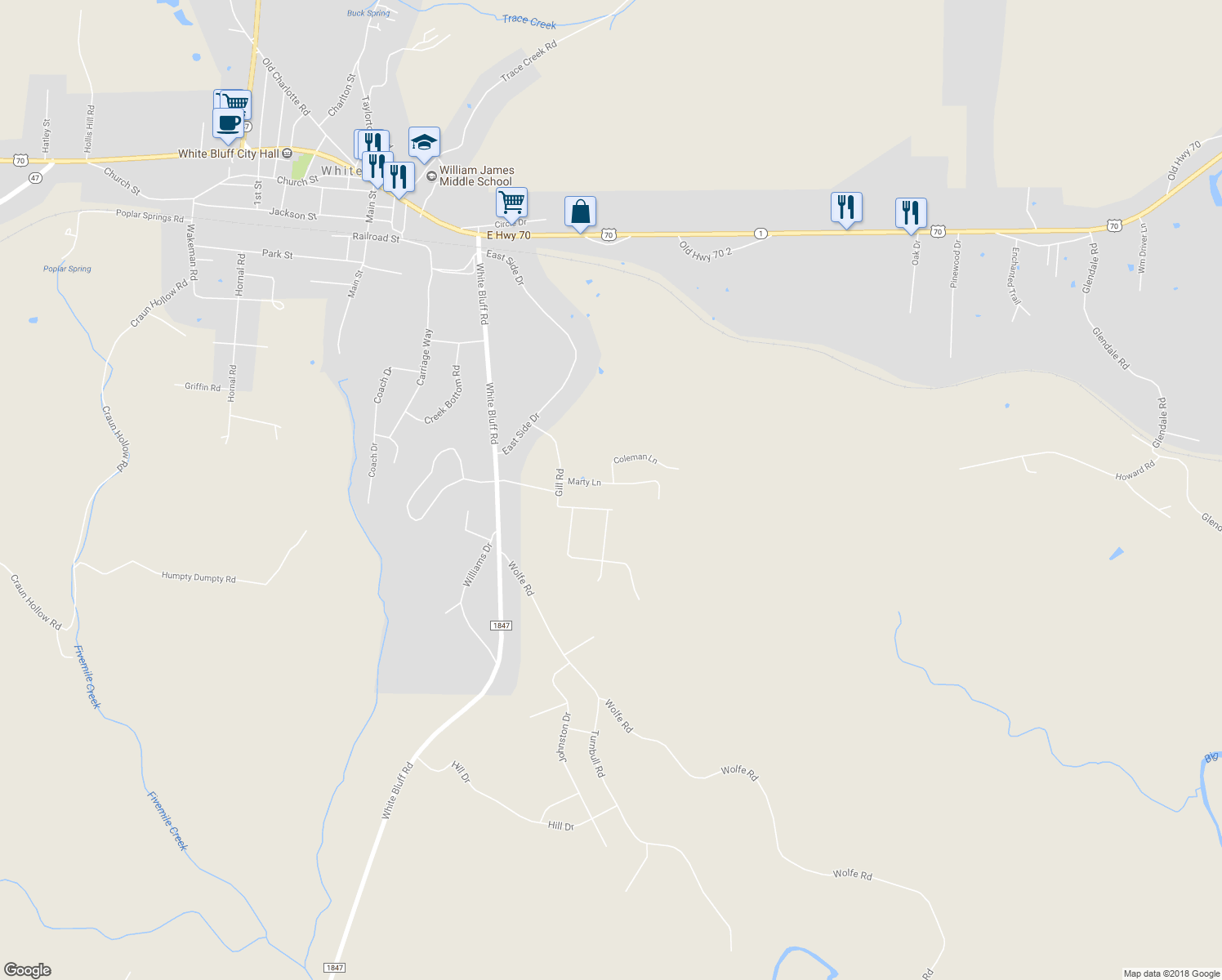 map of restaurants, bars, coffee shops, grocery stores, and more near 110 Marty Lane in White Bluff