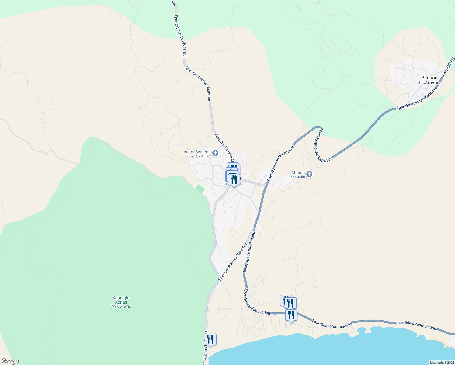 map of restaurants, bars, coffee shops, grocery stores, and more near in Lardos