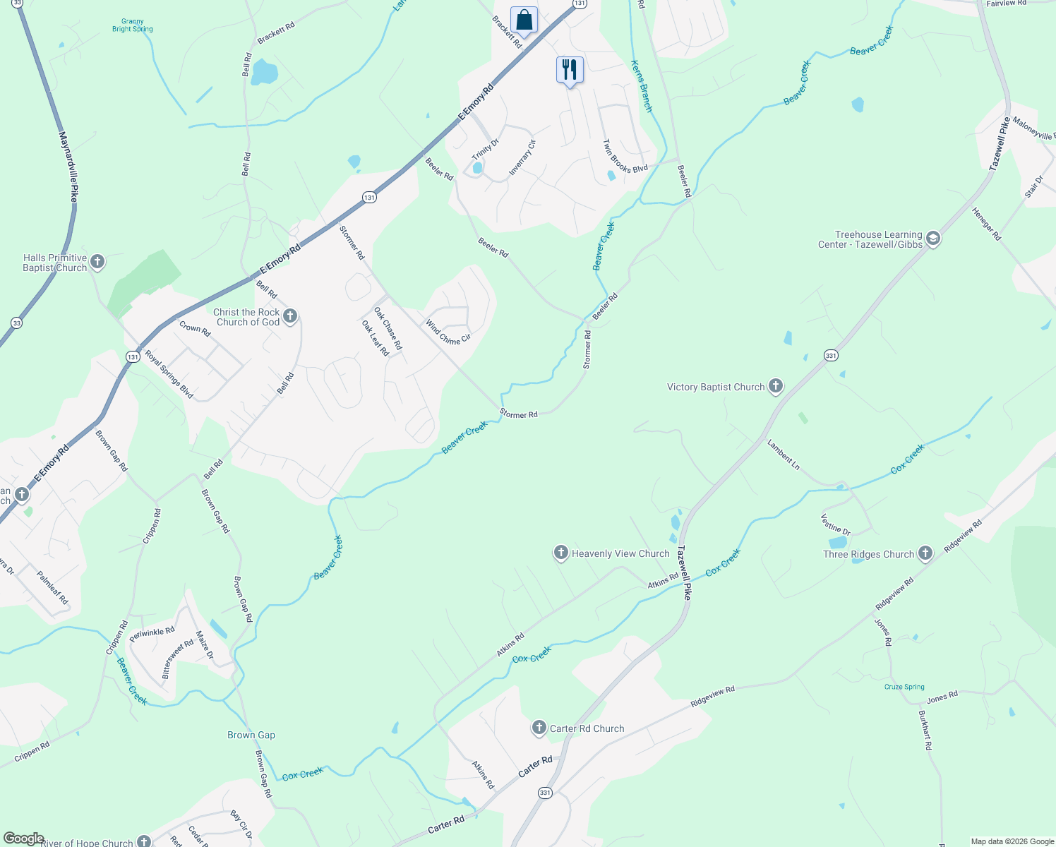 map of restaurants, bars, coffee shops, grocery stores, and more near 6416 Stormer Road in Knoxville