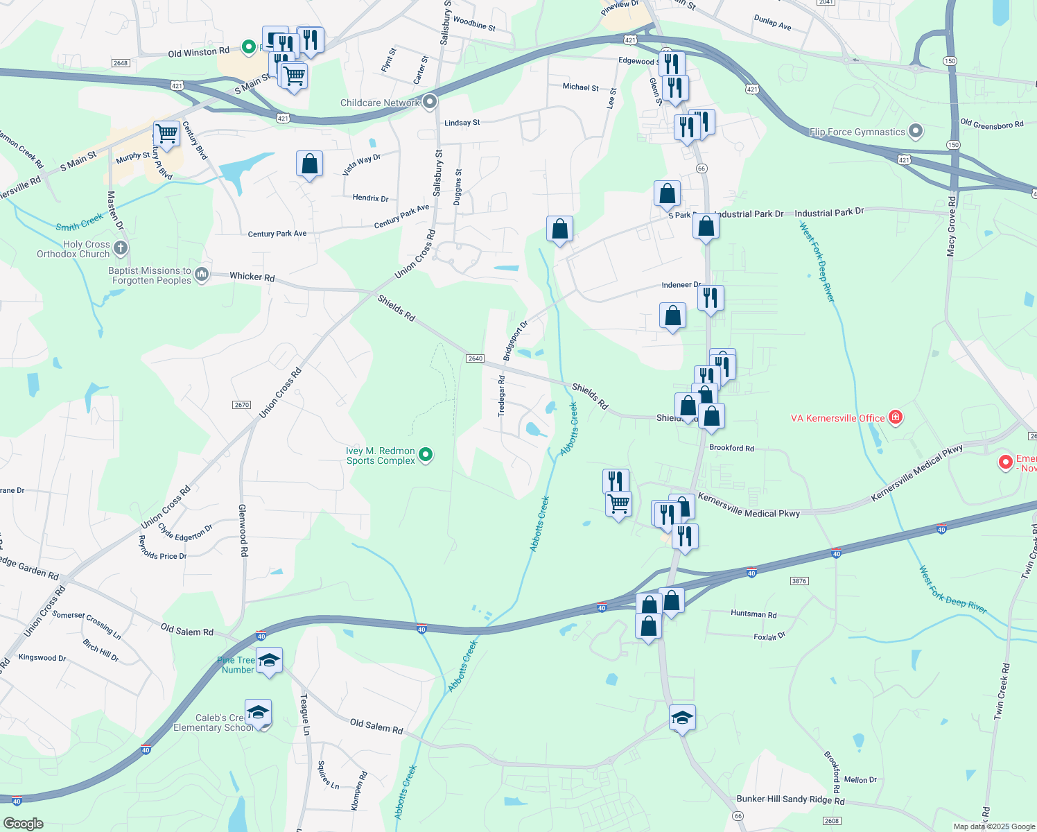 map of restaurants, bars, coffee shops, grocery stores, and more near 1610 Armistead Drive in Kernersville