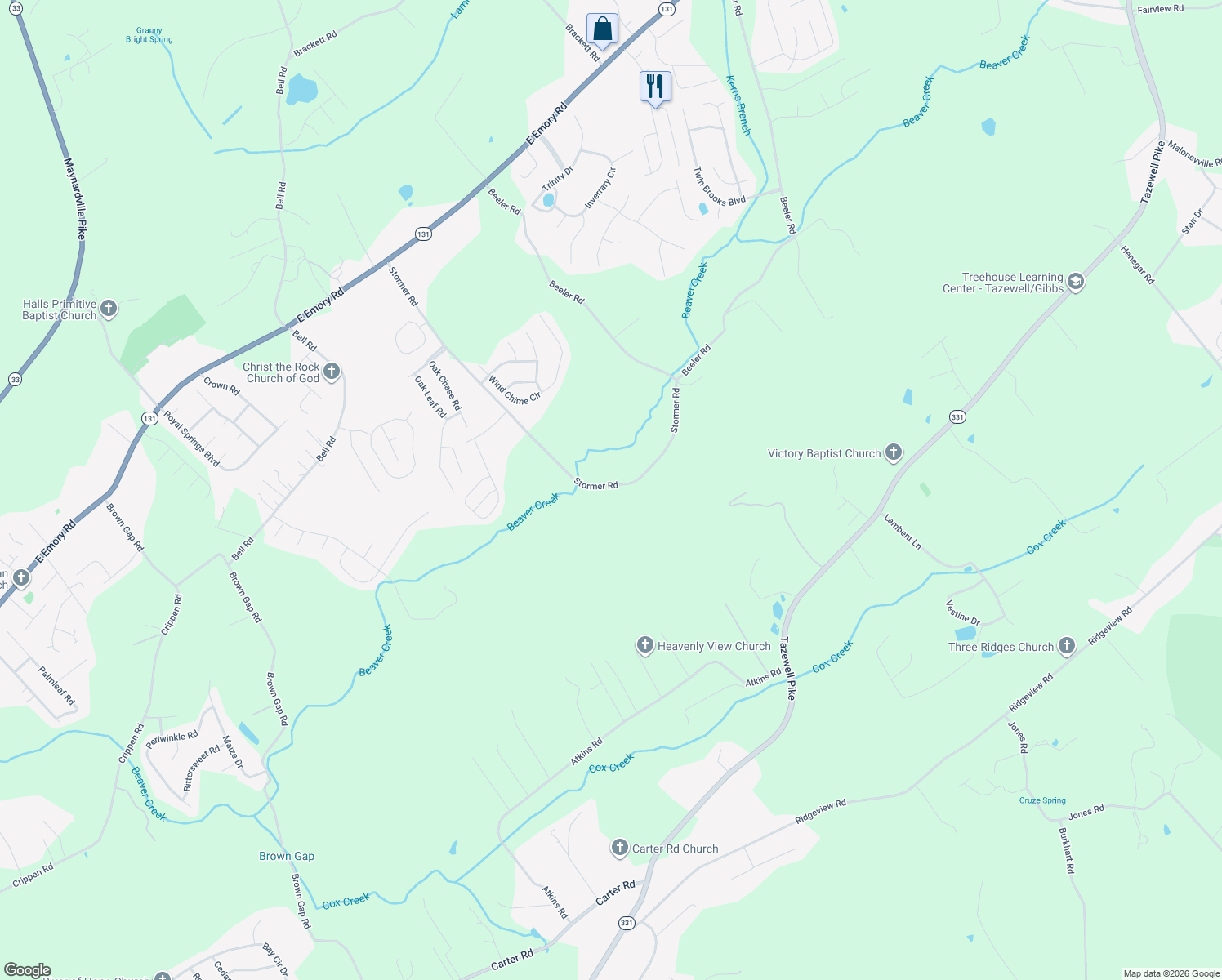 map of restaurants, bars, coffee shops, grocery stores, and more near 6416 Stormer Road in Knoxville