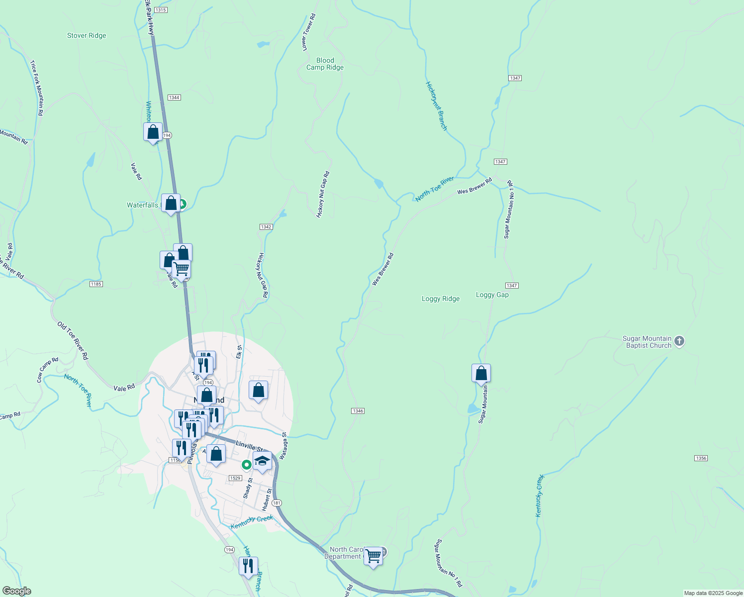 map of restaurants, bars, coffee shops, grocery stores, and more near 1312 Wes Brewer Road in Newland