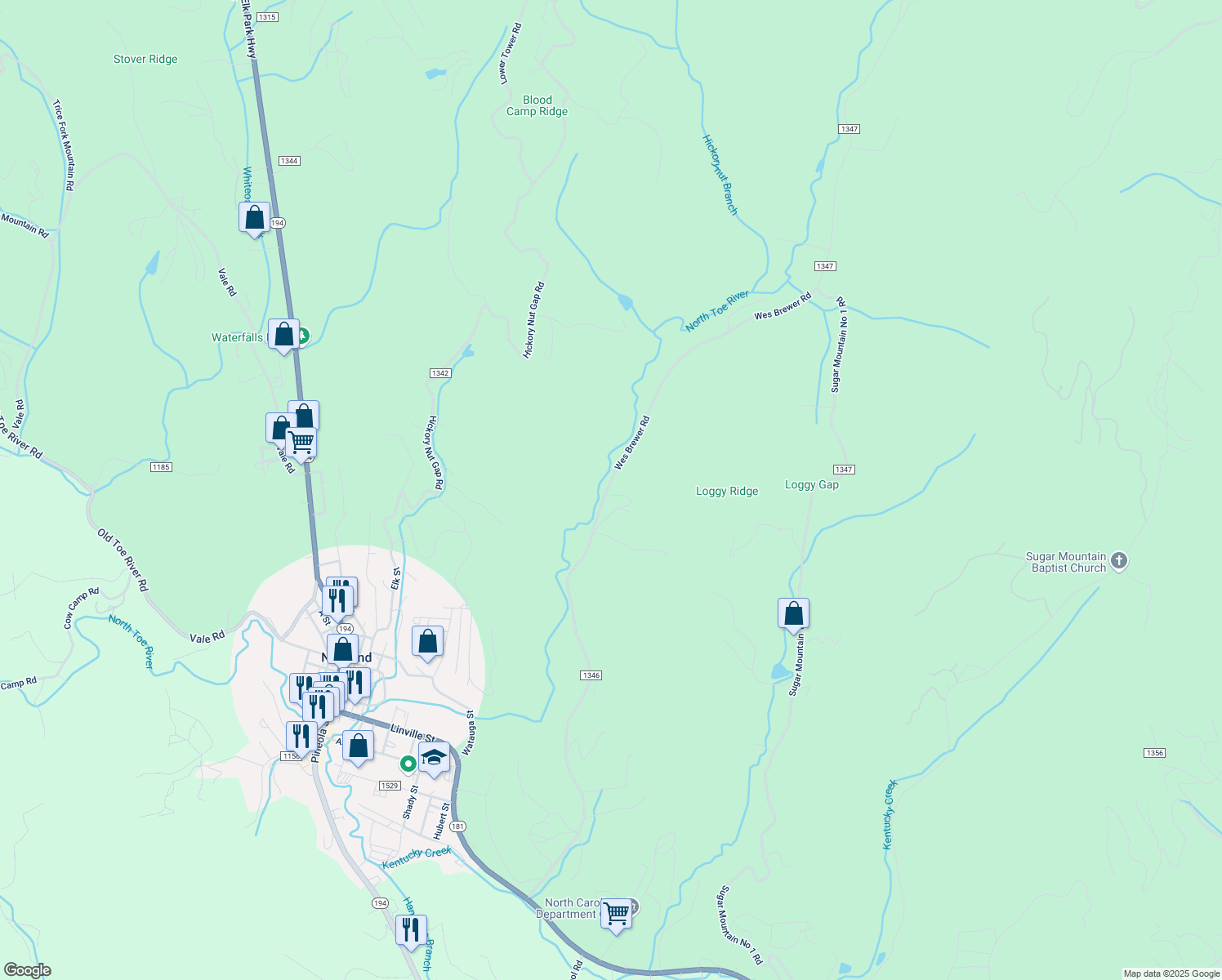 map of restaurants, bars, coffee shops, grocery stores, and more near 1312 Wes Brewer Road in Newland