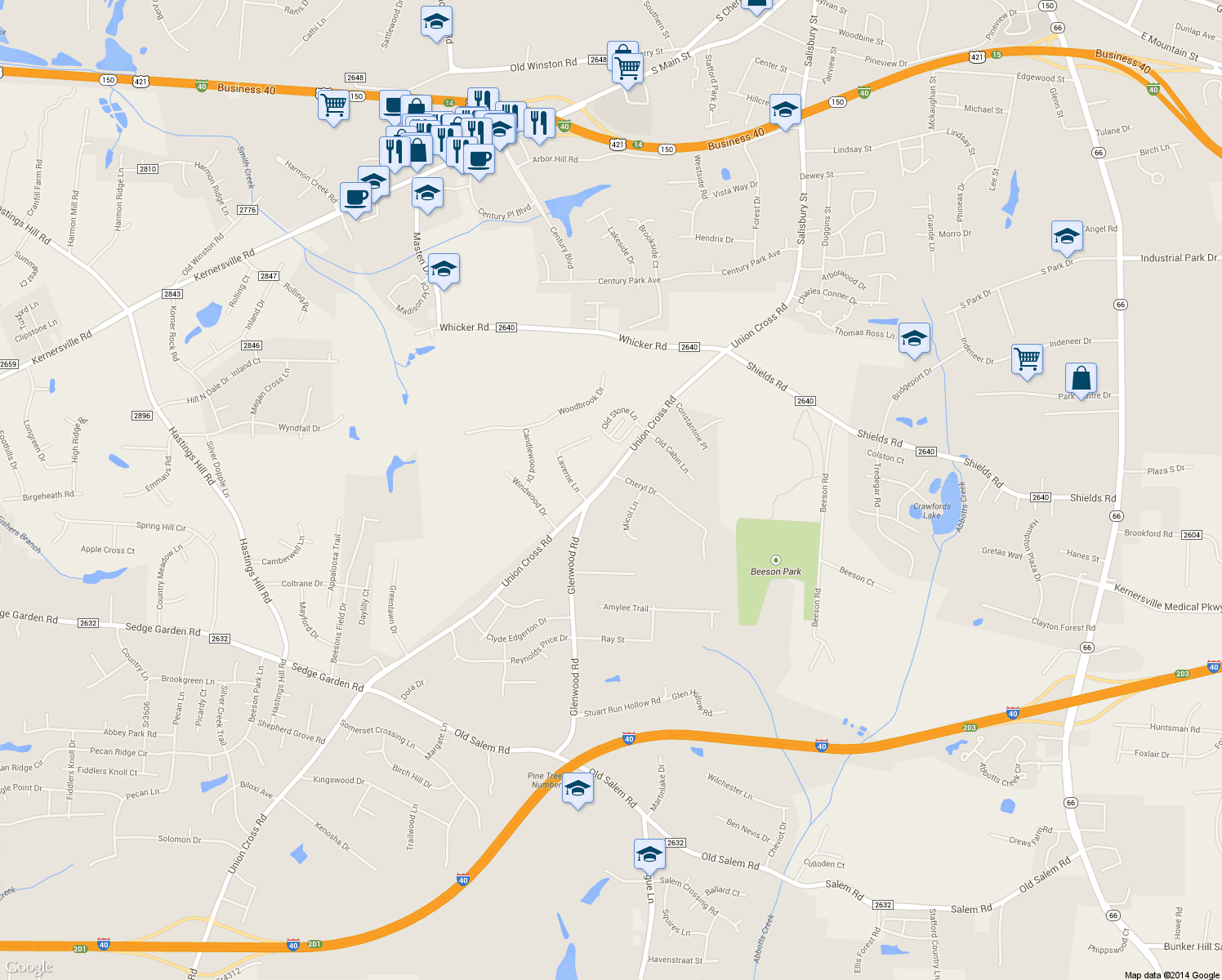 map of restaurants, bars, coffee shops, grocery stores, and more near 1285 Union Cross Road in Kernersville