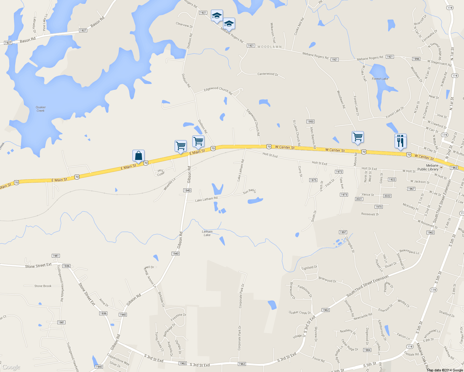 map of restaurants, bars, coffee shops, grocery stores, and more near 253 Lake Latham Road in Mebane