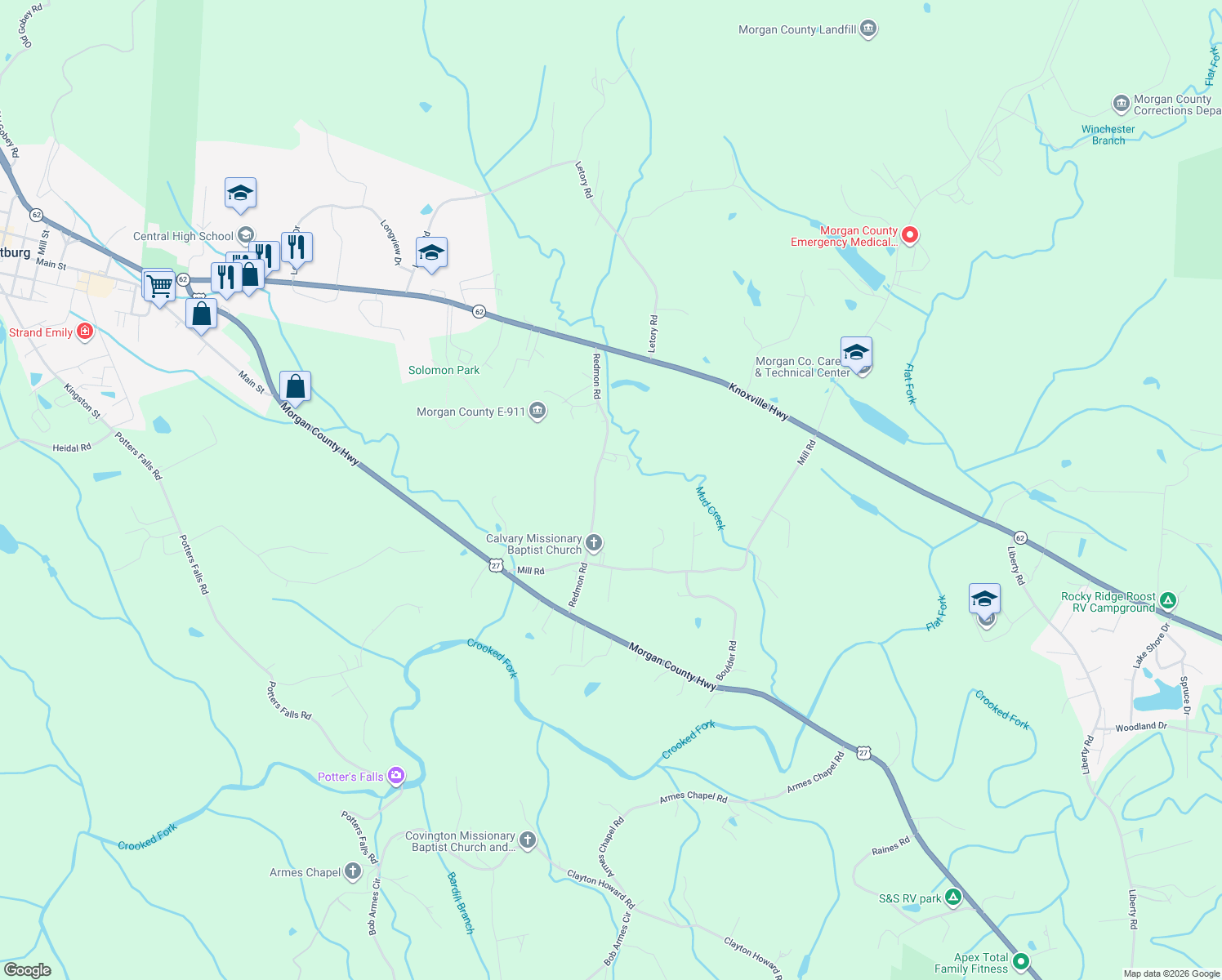 map of restaurants, bars, coffee shops, grocery stores, and more near 211 Redmon Rd in Wartburg