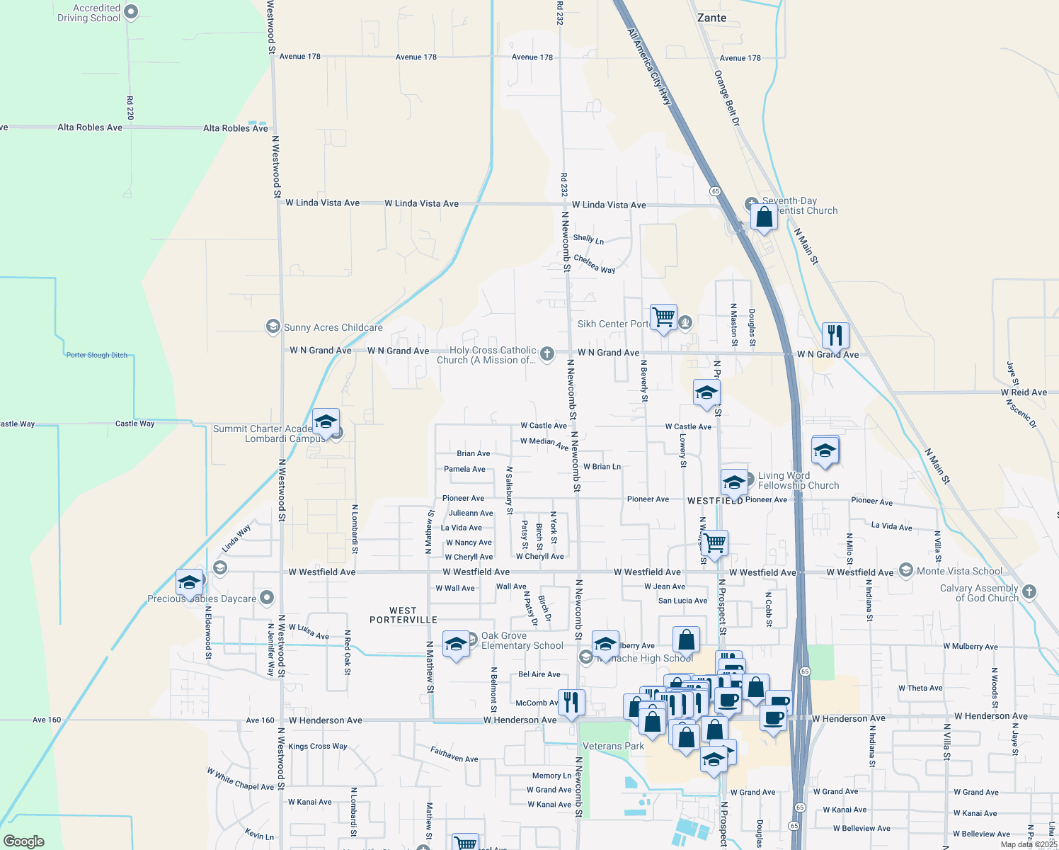 map of restaurants, bars, coffee shops, grocery stores, and more near West Castle Avenue in Porterville