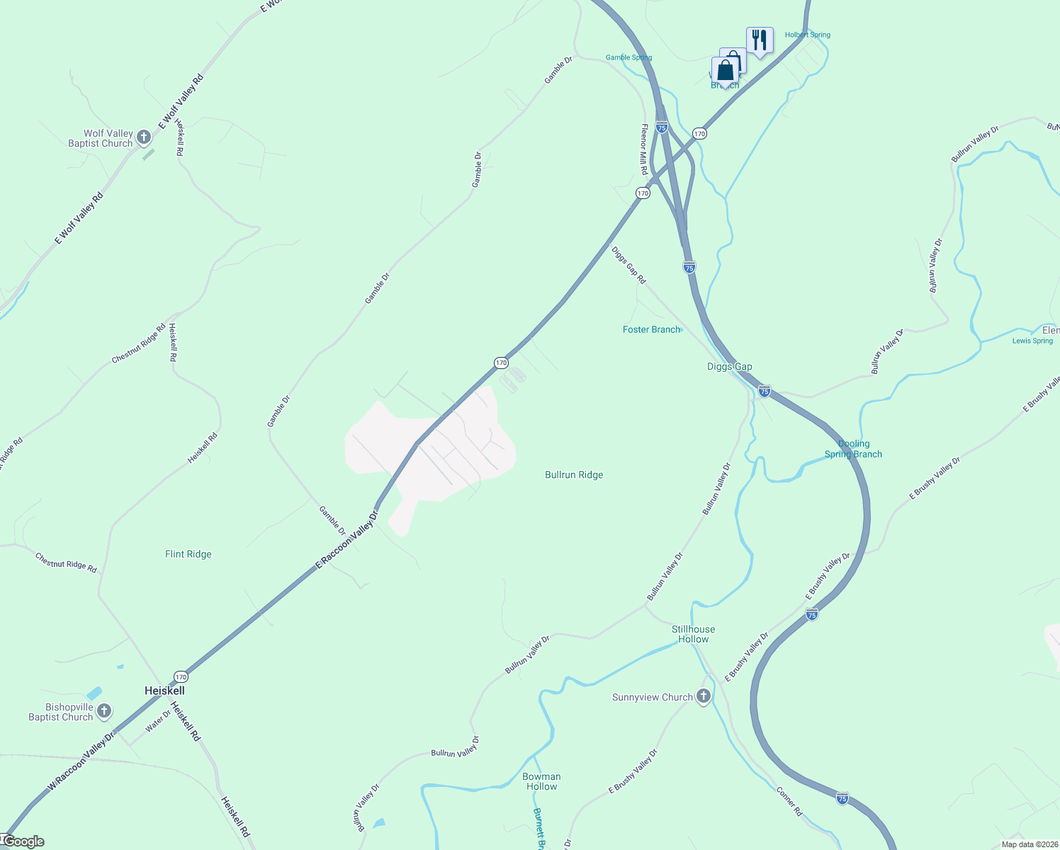 map of restaurants, bars, coffee shops, grocery stores, and more near 842 East Raccoon Valley Drive in Heiskell