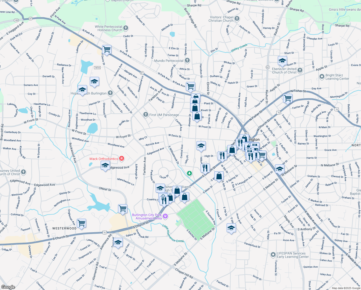 map of restaurants, bars, coffee shops, grocery stores, and more near 610 Central Avenue in Burlington