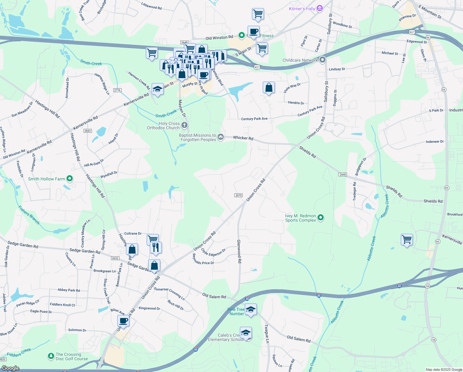 map of restaurants, bars, coffee shops, grocery stores, and more near 1042 Laverne Lane in Kernersville