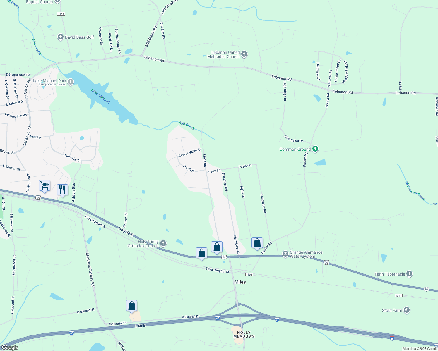 map of restaurants, bars, coffee shops, grocery stores, and more near 6306 Perry Road in Mebane