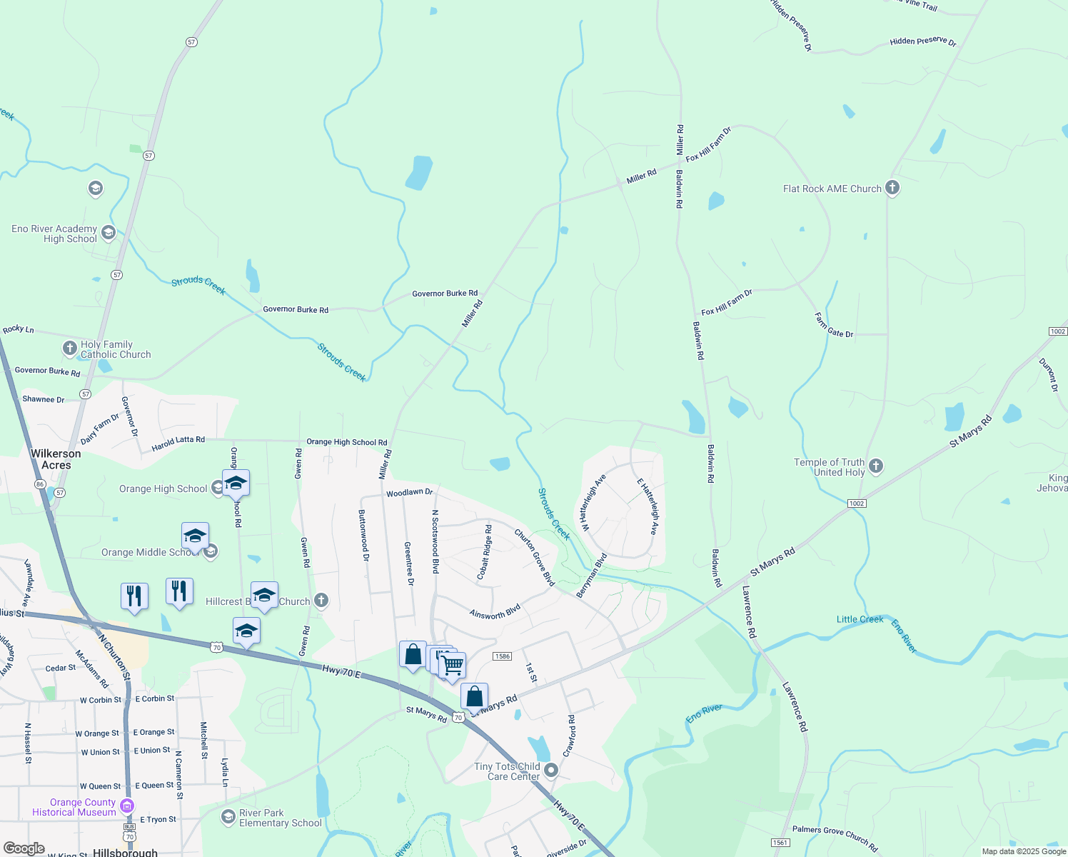 map of restaurants, bars, coffee shops, grocery stores, and more near 1612 Friendship Lane in Hillsborough