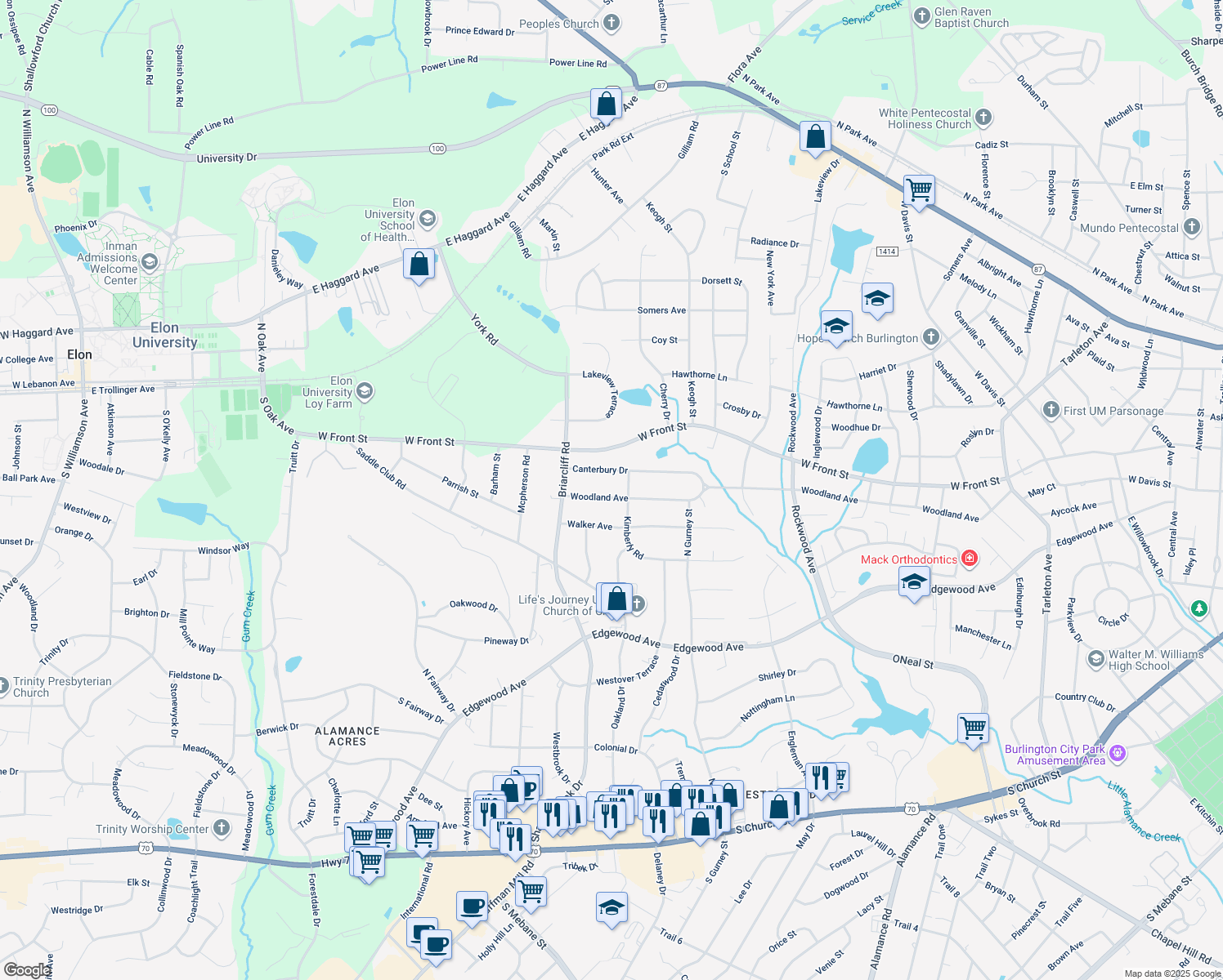 map of restaurants, bars, coffee shops, grocery stores, and more near 2213 Woodland Avenue in Burlington