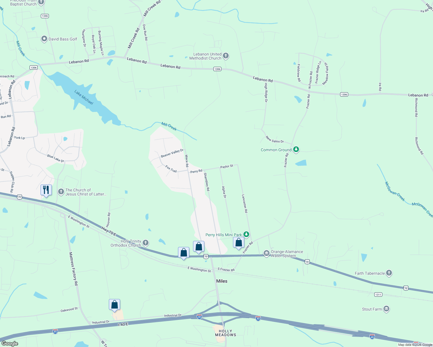 map of restaurants, bars, coffee shops, grocery stores, and more near 618 Alpha Drive in Mebane