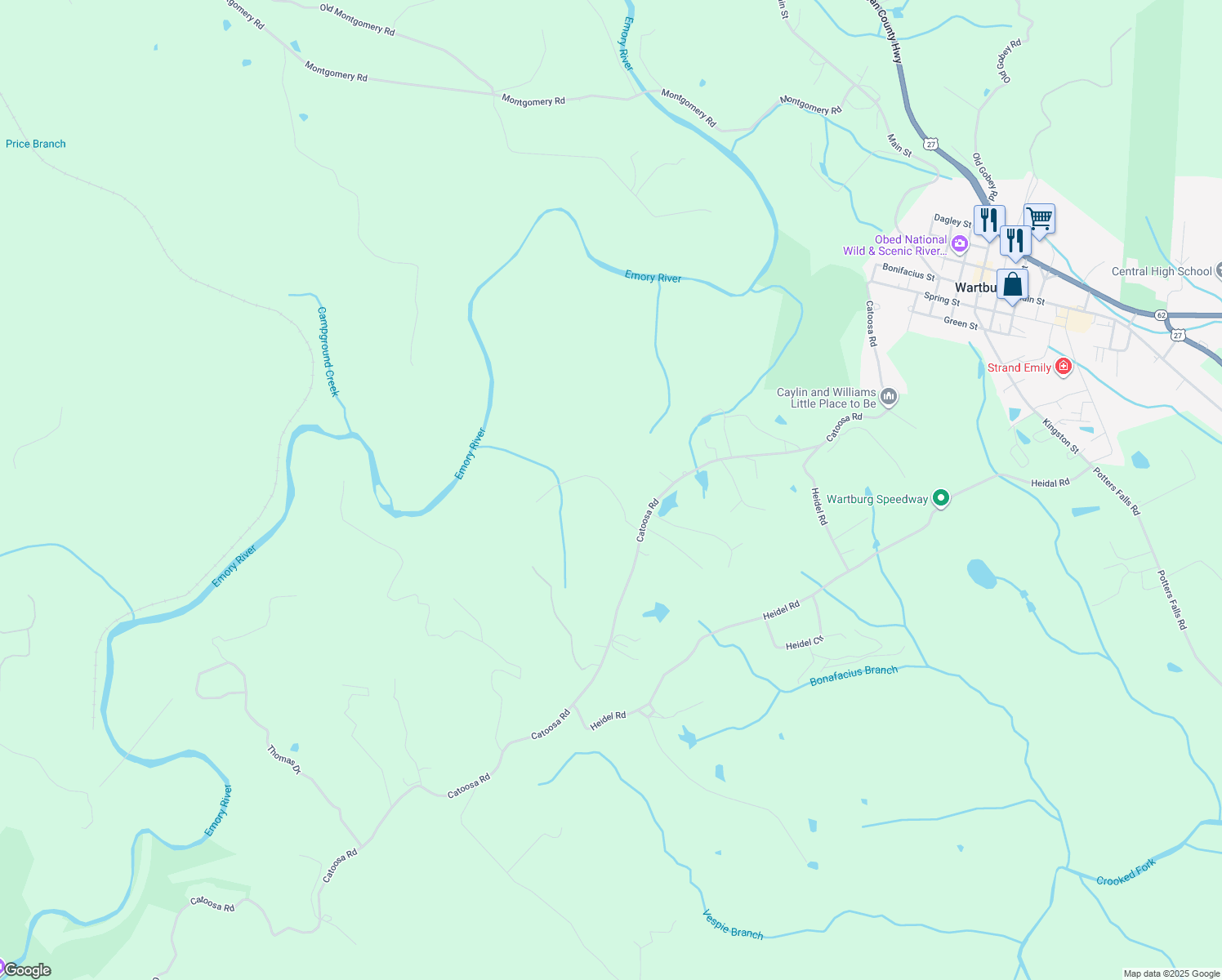 map of restaurants, bars, coffee shops, grocery stores, and more near 122 Hargis Road in Wartburg