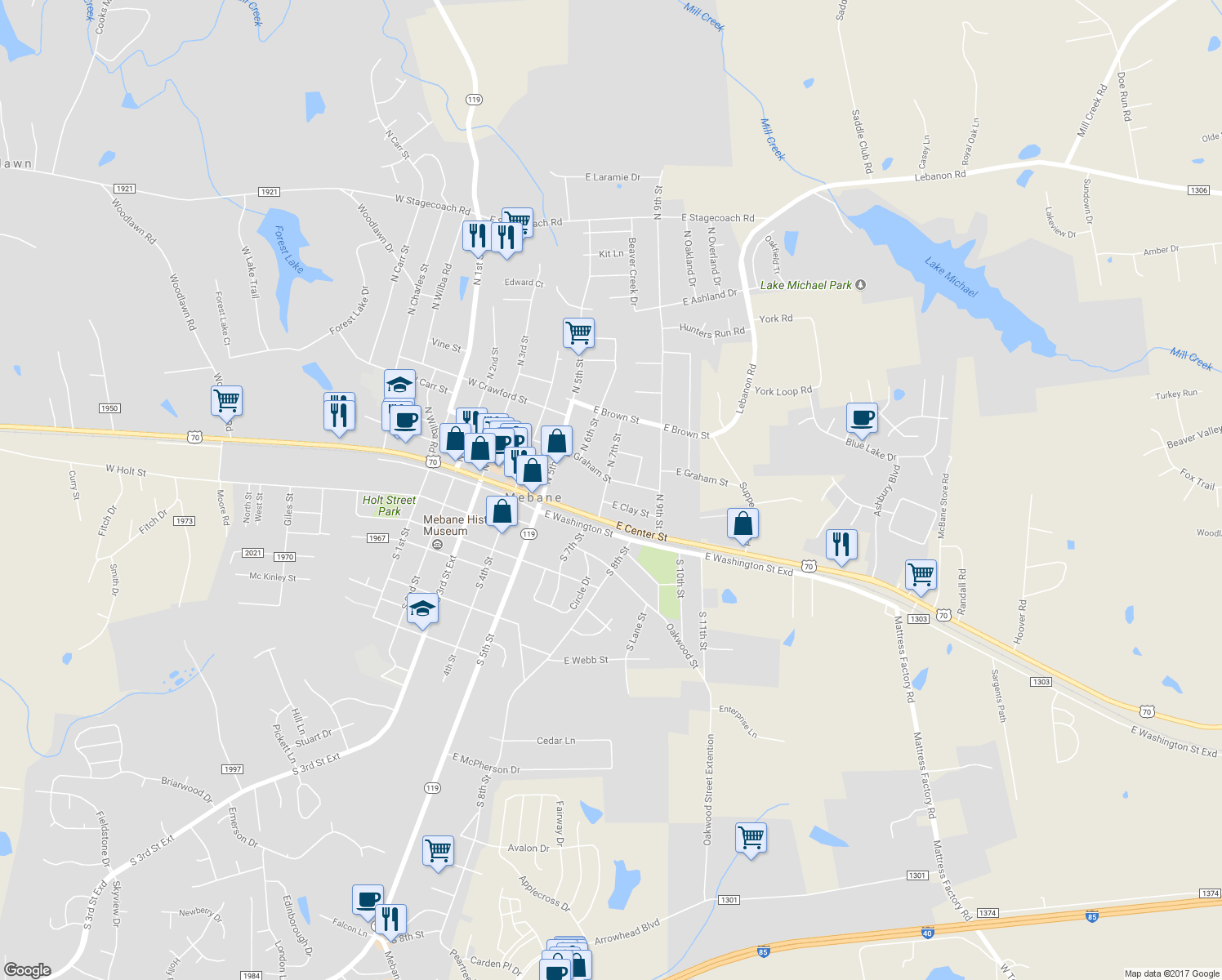 map of restaurants, bars, coffee shops, grocery stores, and more near 202 North 7th Street in Mebane