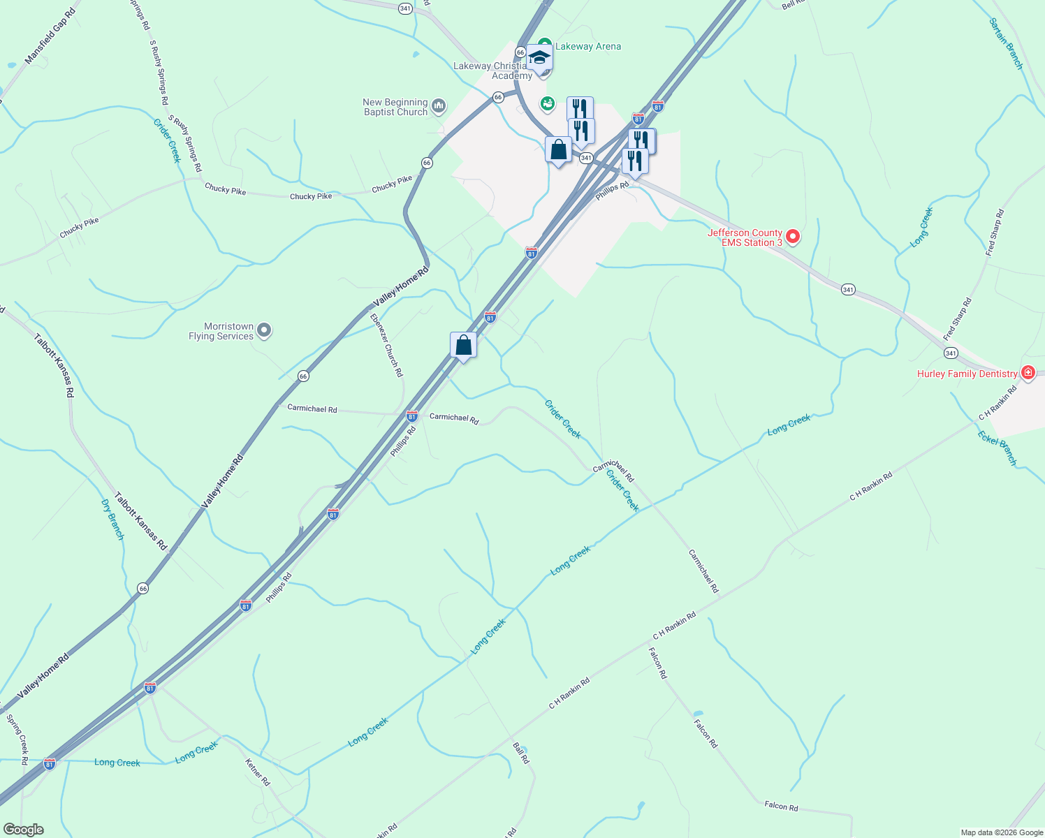 map of restaurants, bars, coffee shops, grocery stores, and more near 2211 Carmichael Road in White Pine