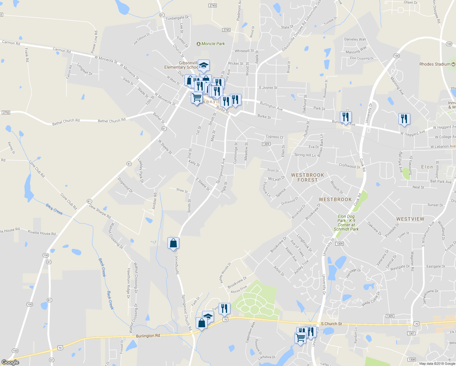 map of restaurants, bars, coffee shops, grocery stores, and more near 811 Ingle Street in Gibsonville