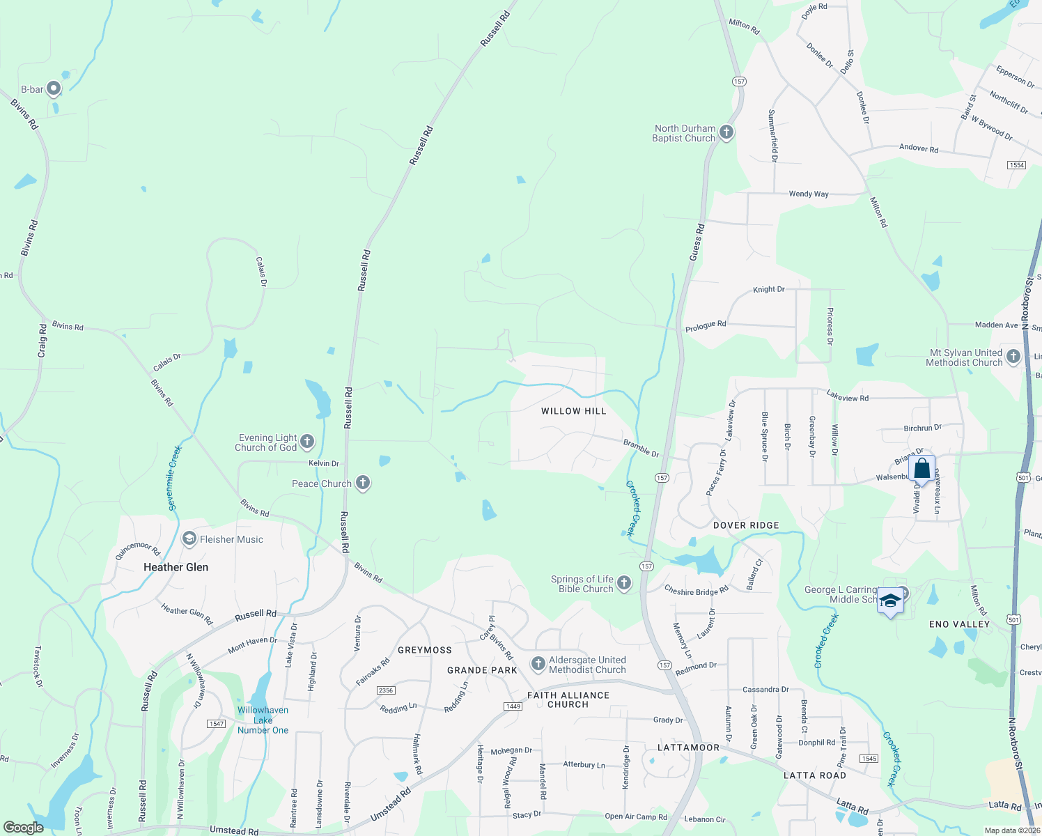 map of restaurants, bars, coffee shops, grocery stores, and more near 5610 Centennial Drive in Durham