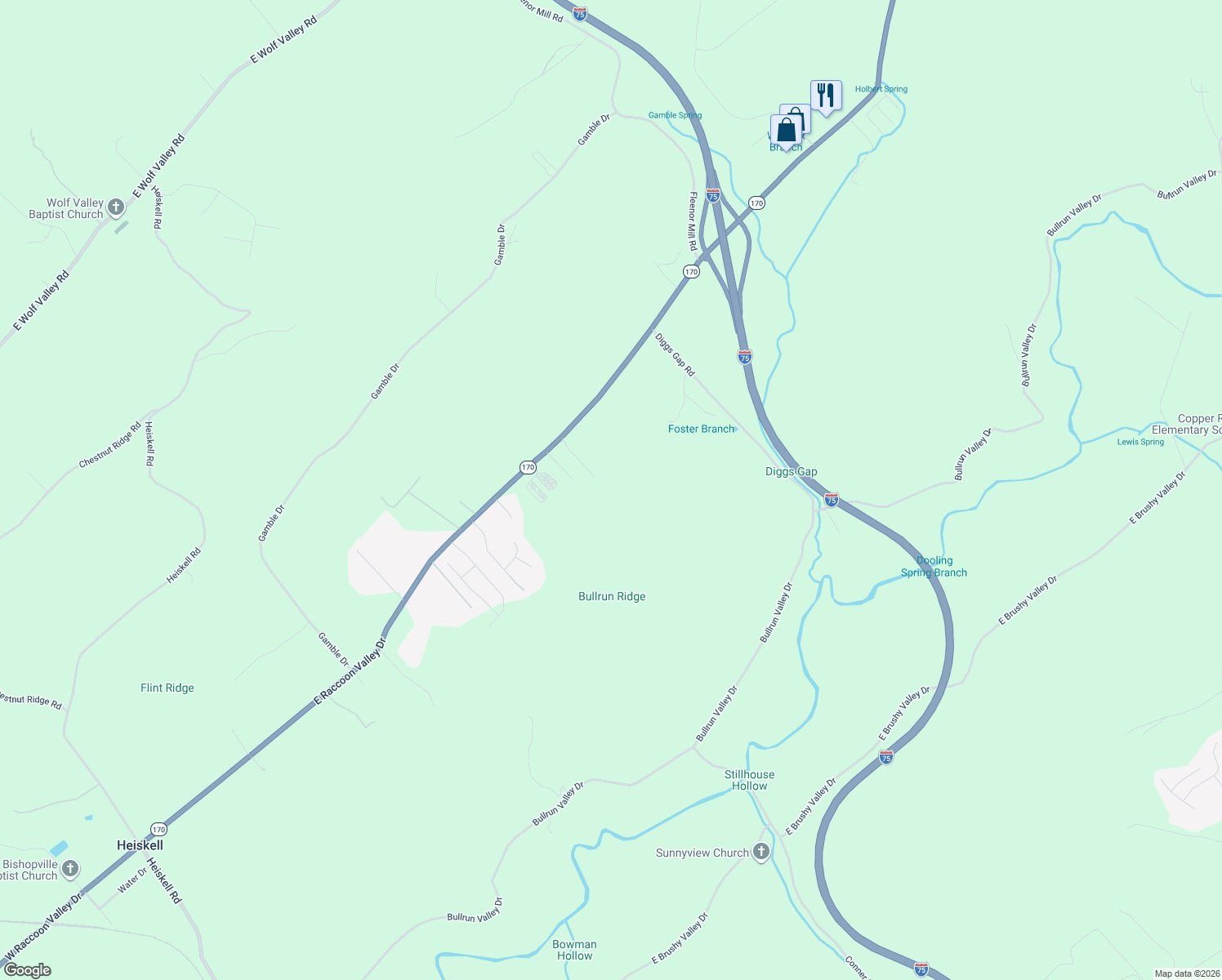 map of restaurants, bars, coffee shops, grocery stores, and more near 9501 Hausmond Way in Heiskell