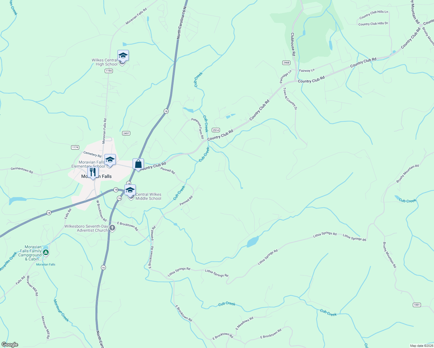 map of restaurants, bars, coffee shops, grocery stores, and more near 105 Longview Drive in Wilkesboro